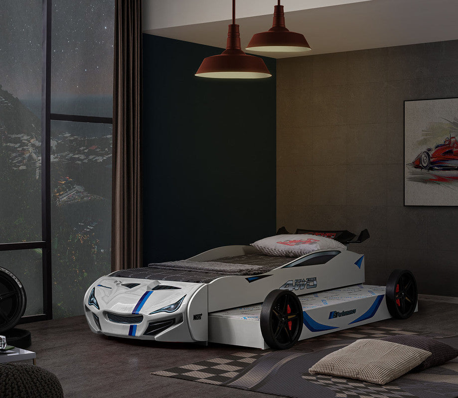 Tracklite White Car Bed w/ Trundle