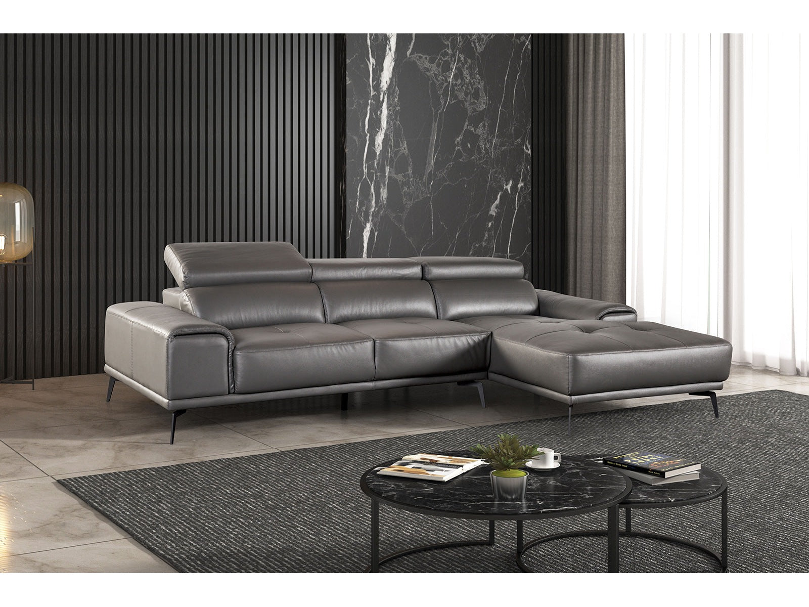 Vadso Dark Gray Leather Match Right Chaise Sectional