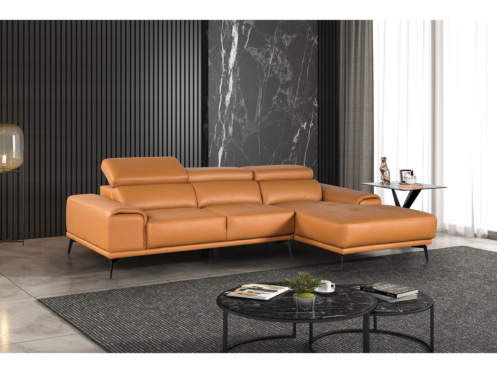 Vadso Tangerine Leather Match Right Chaise Sectional