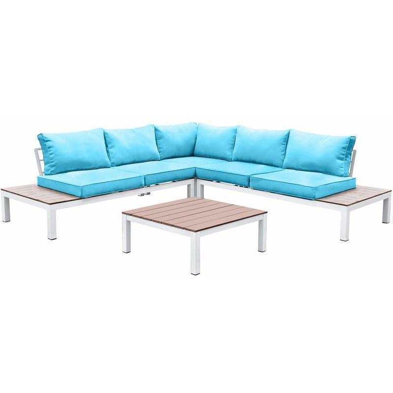 Winona White, Oak & Blue Outdoor L Shape Sectional w/ Coffee Table