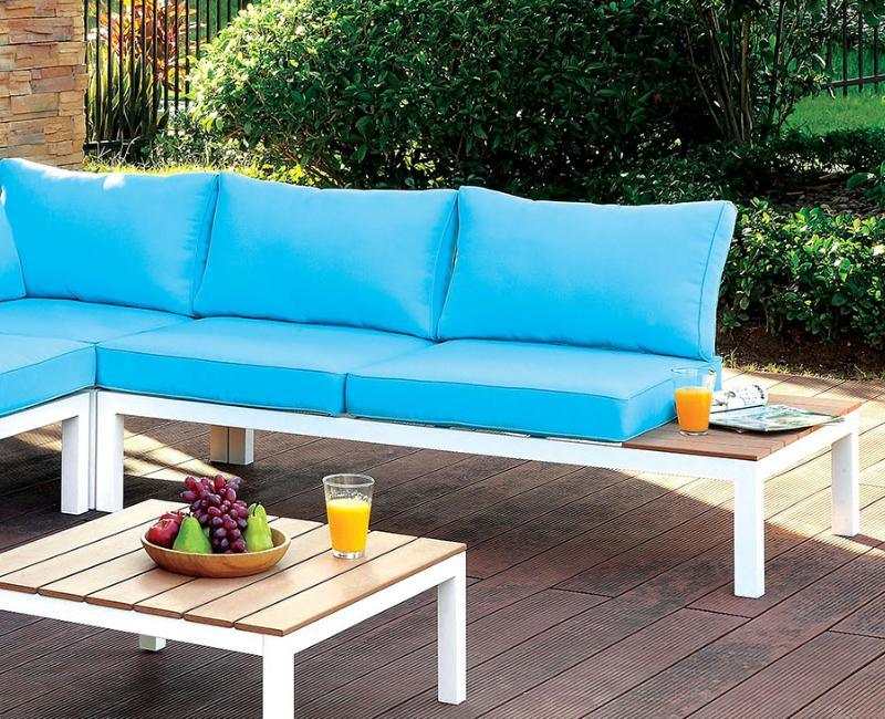 Winona White, Oak & Blue Outdoor L Shape Sectional w/ Coffee Table