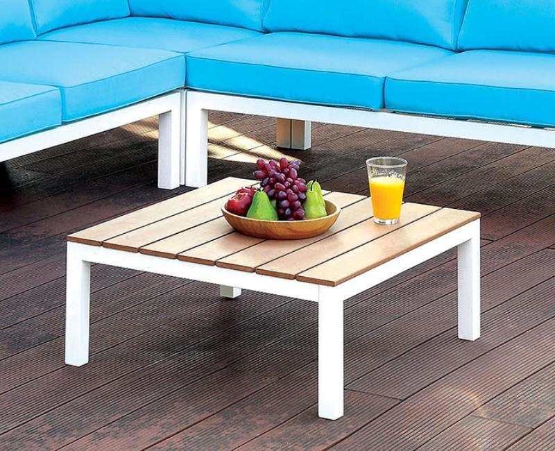 Winona White, Oak & Blue Outdoor L Shape Sectional w/ Coffee Table