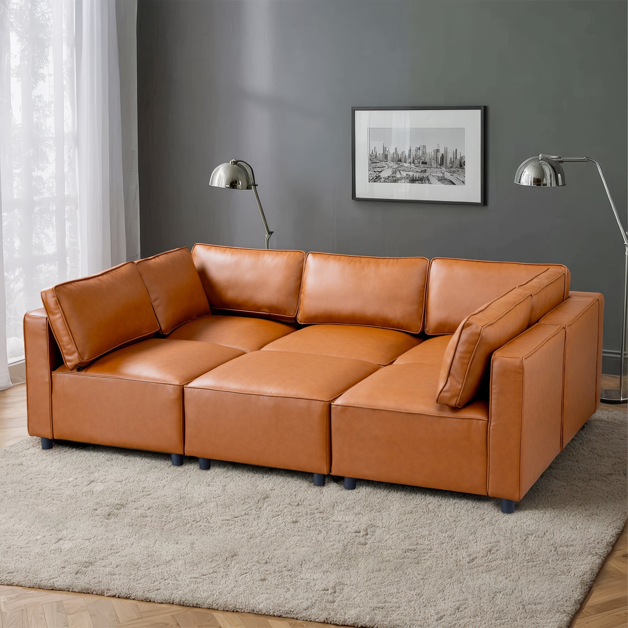 Reno Cognac Vegan Leather Modular Sofa