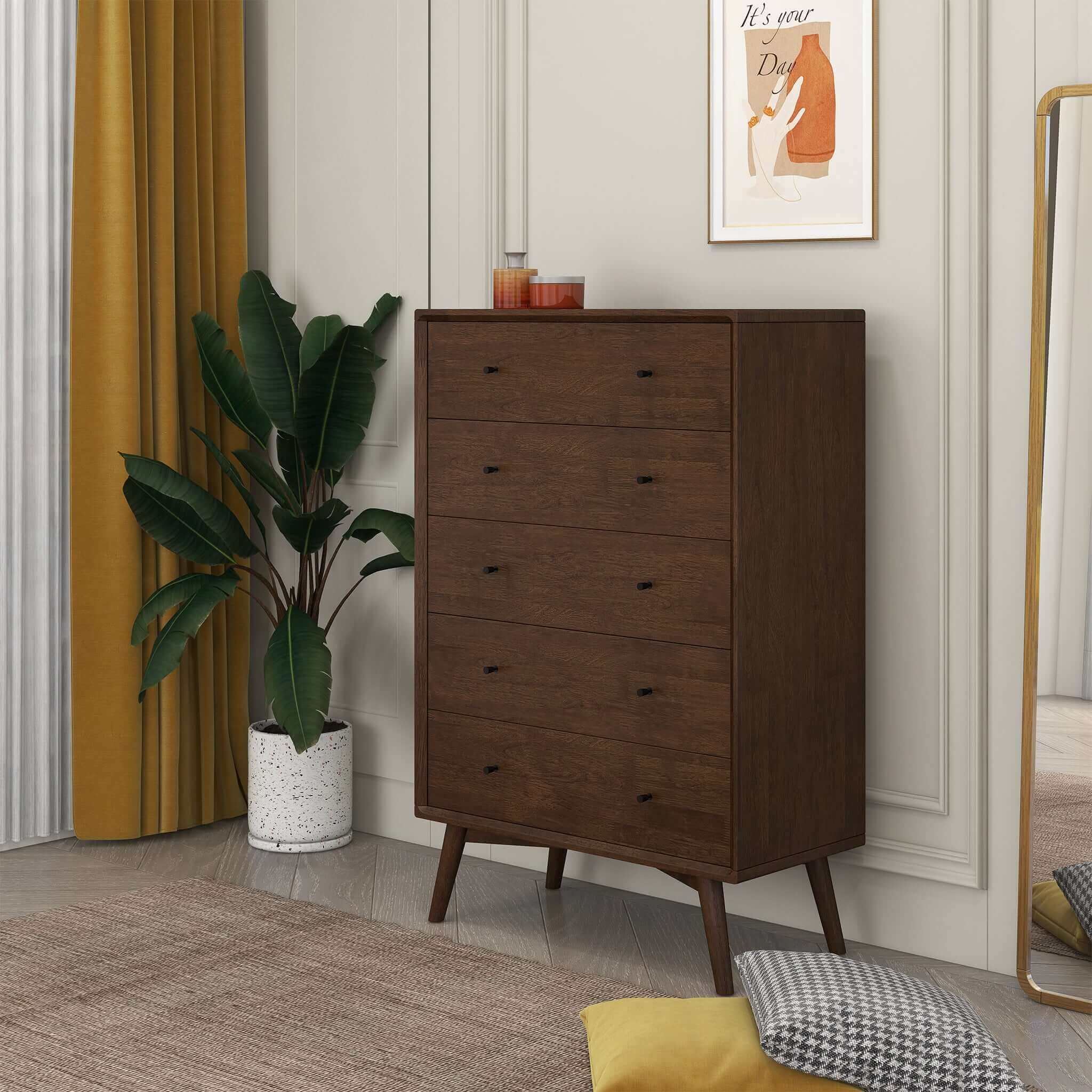 Caroline Mid Century Modern Solid Wood Dresser 5-Drawer