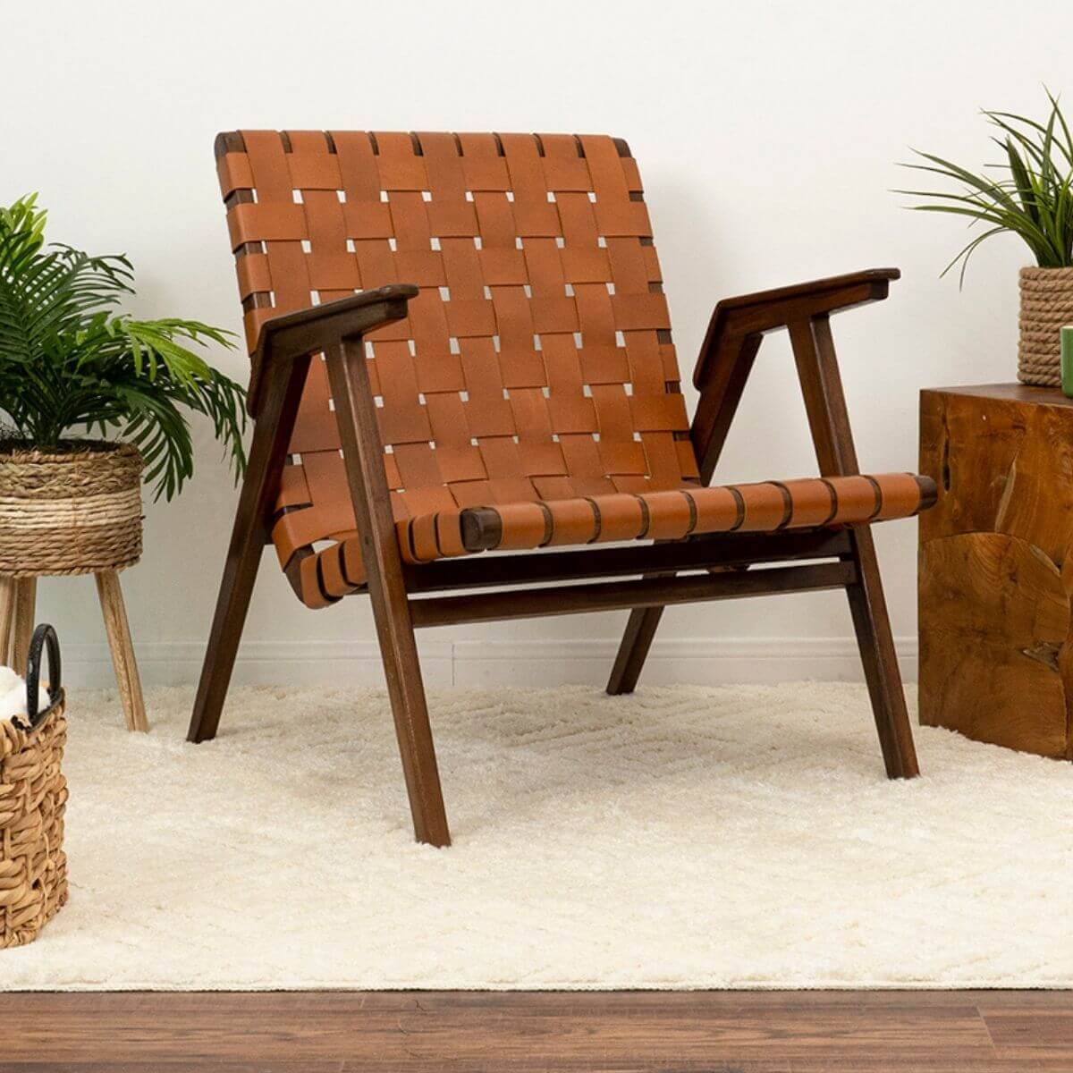 David Genuine Leather Teak Lounge Chair