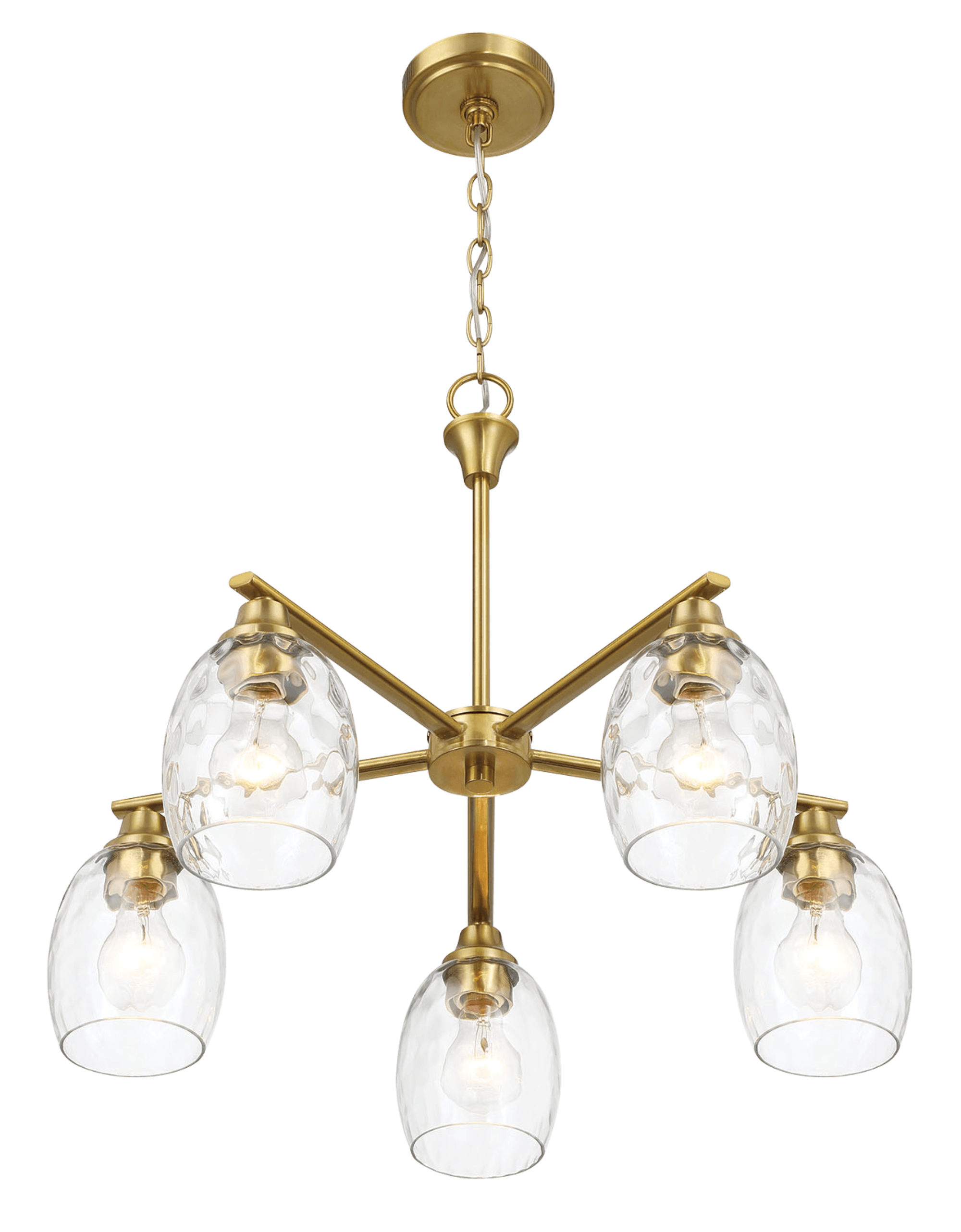 Elegance Five Lights Linear Arms with Golden Brass Finish Chain Chandelier 24"W × 8.5"H with Clear Water Glass