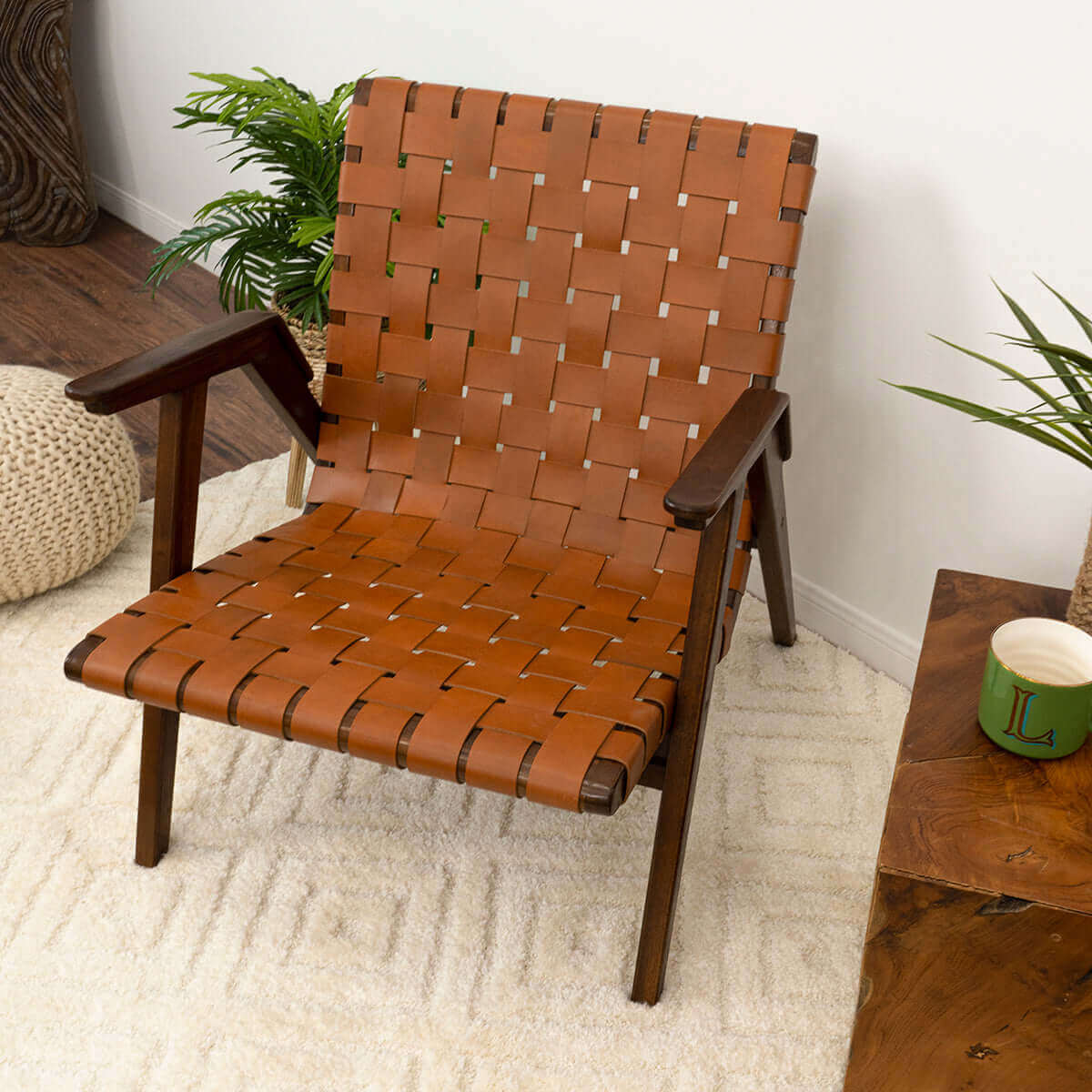 David Genuine Leather Teak Lounge Chair