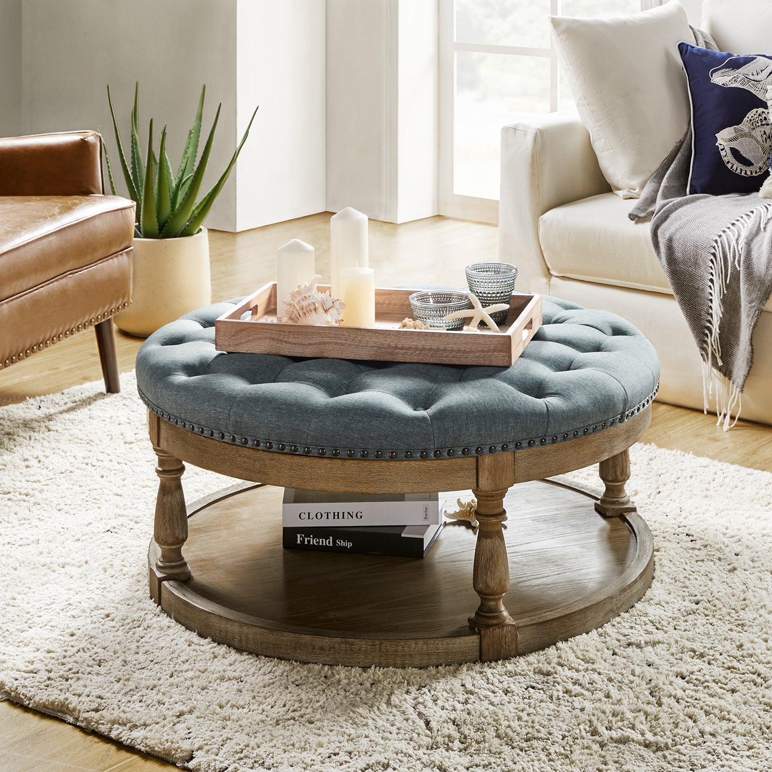 Deoius Tufted Round Cocktail Ottoman with Storage in Blue
