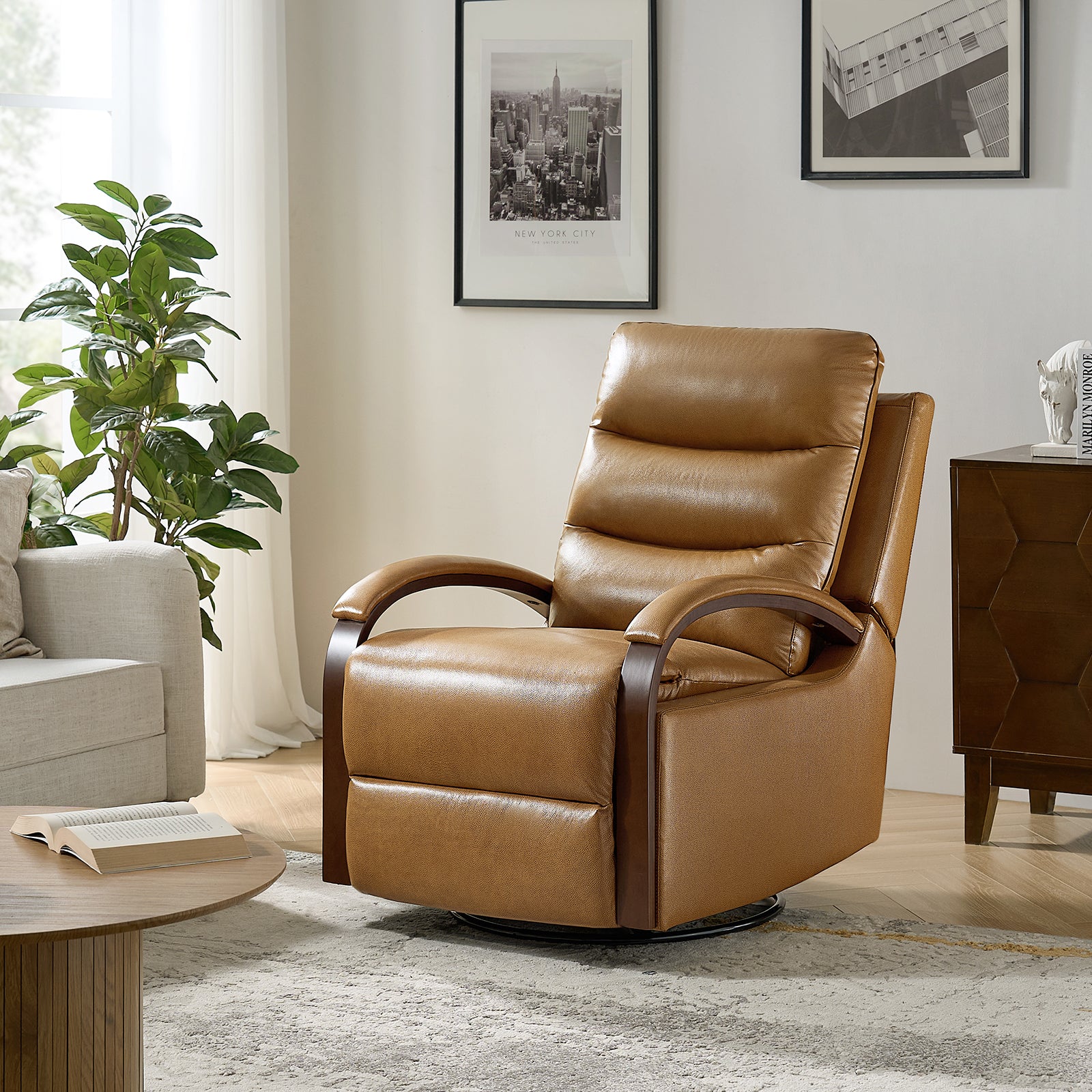 Konradin Genuine Leather Swivel Rocking Manual Recliner in Camel
