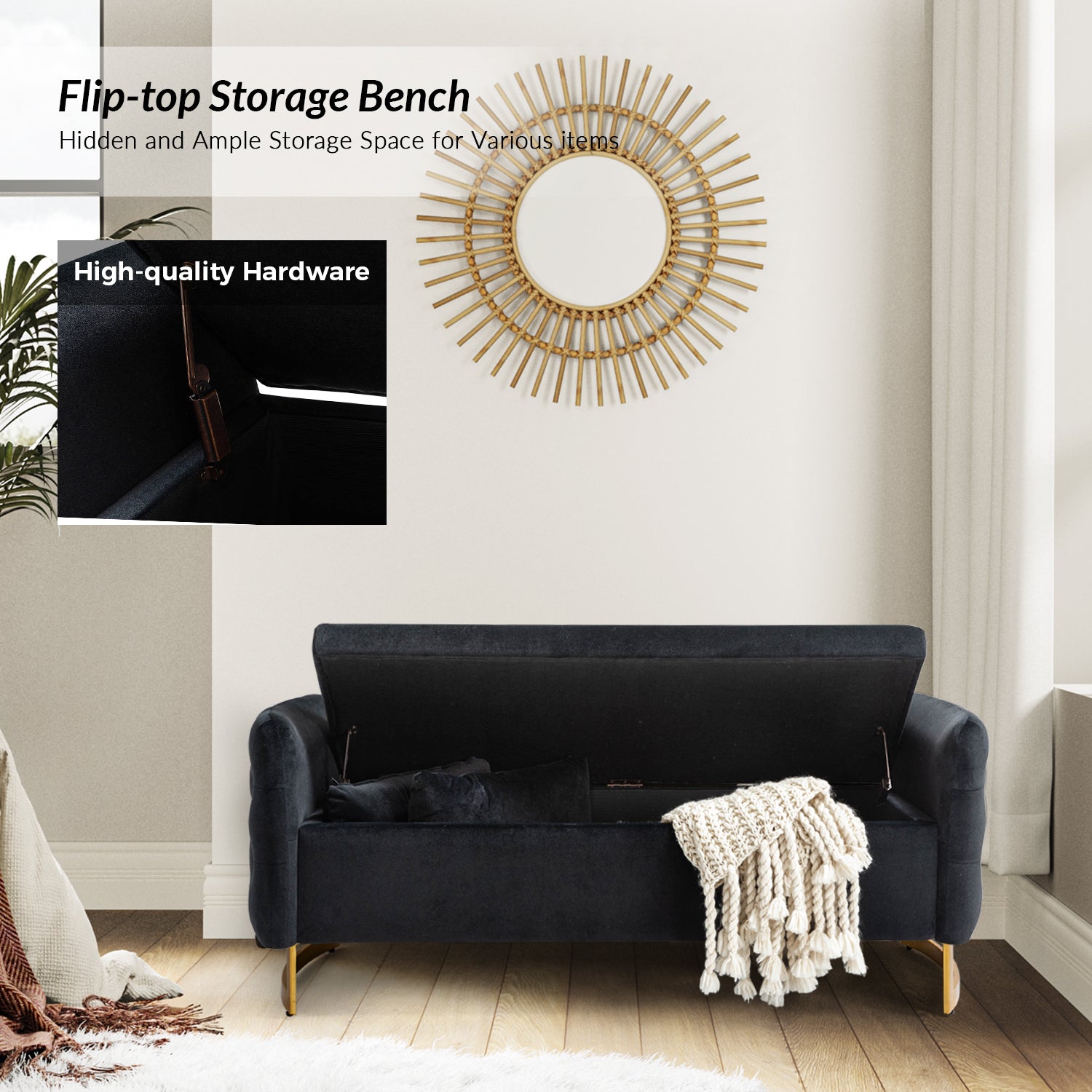 Christoph Upholstered Flip Top Storage Bench in Black