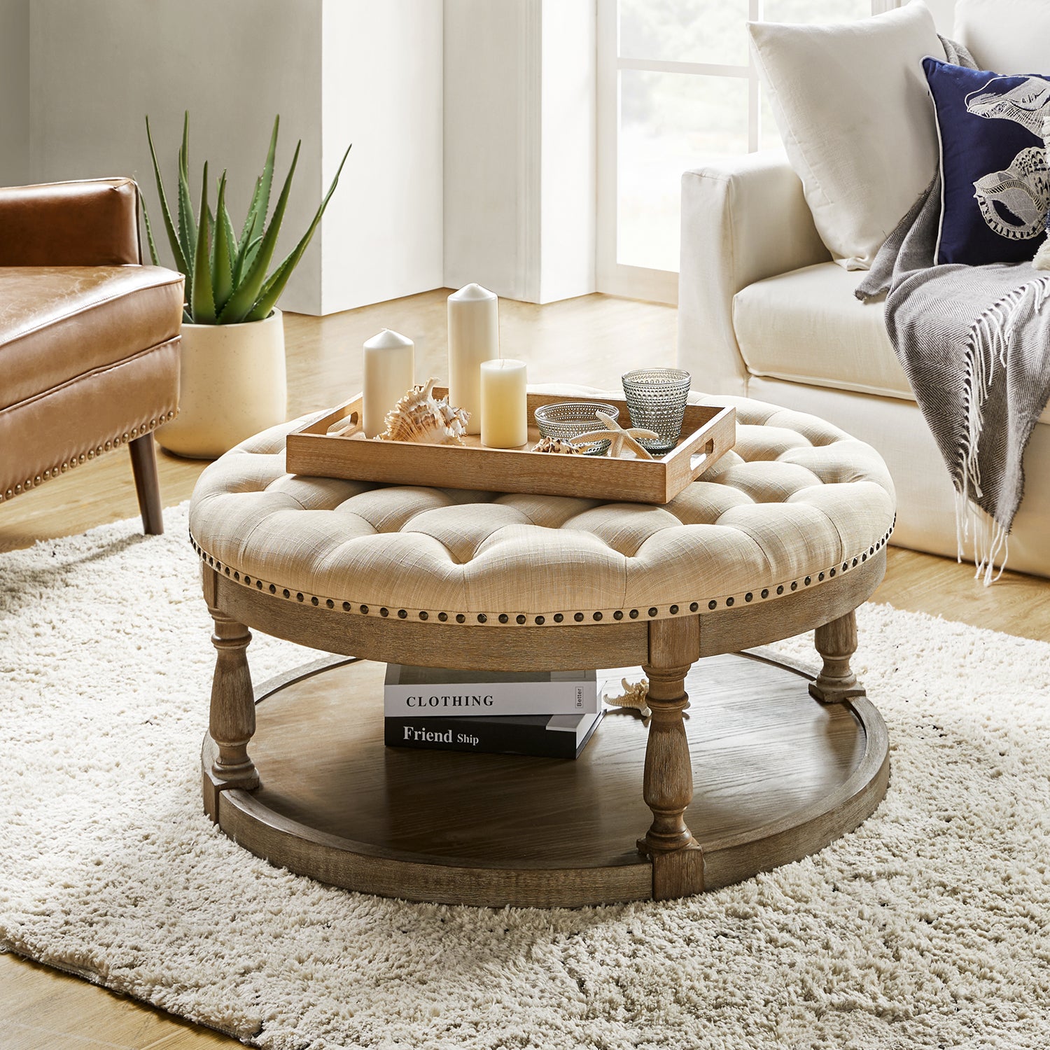 Deoius Tufted Round Cocktail Ottoman with Storage in Linen
