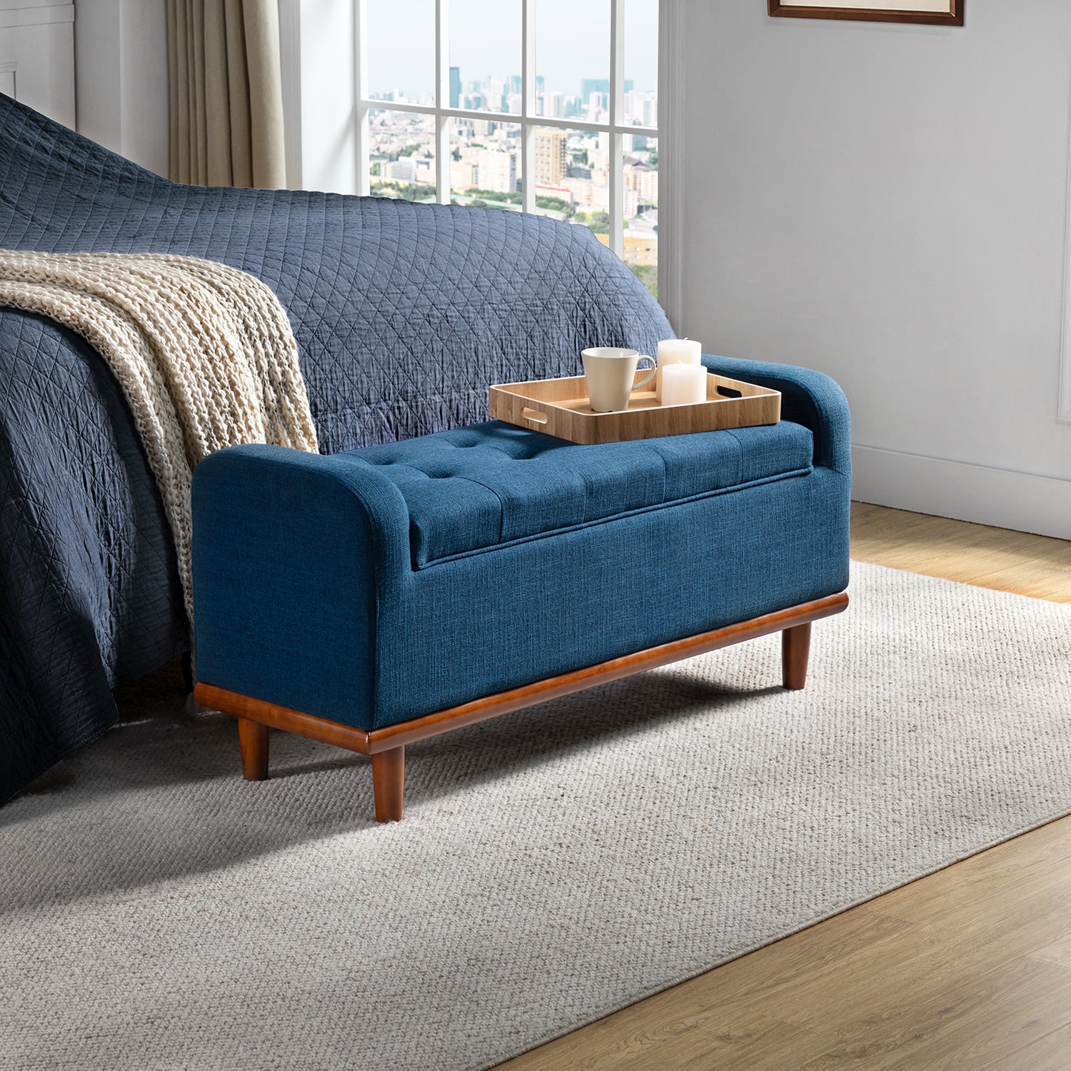 Jason Upholstered Flip Top Storage Bench in Navy
