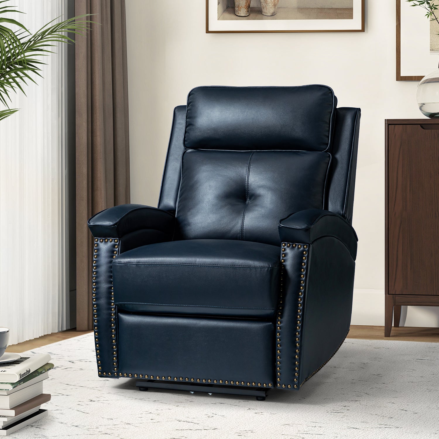 Damian Genuine Leather Power Recliner in Navy