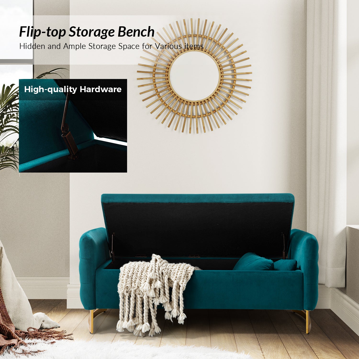 Christoph Upholstered Flip Top Storage Bench in Teal