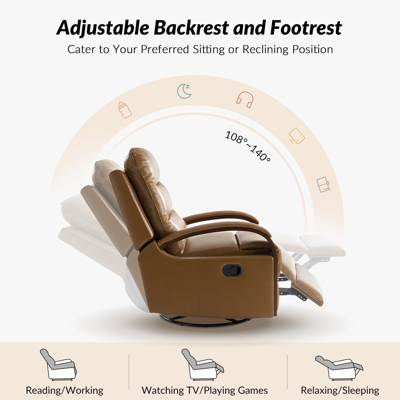 Konradin Genuine Leather Swivel Rocking Manual Recliner in Camel