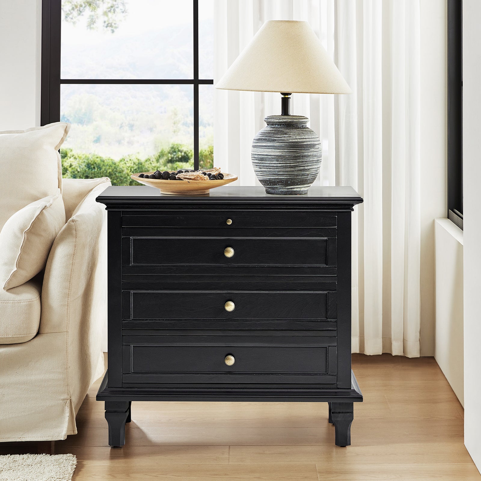 Dominic 3 - Drawer Nightstand with  Built-In Outlets-BLACK in Black