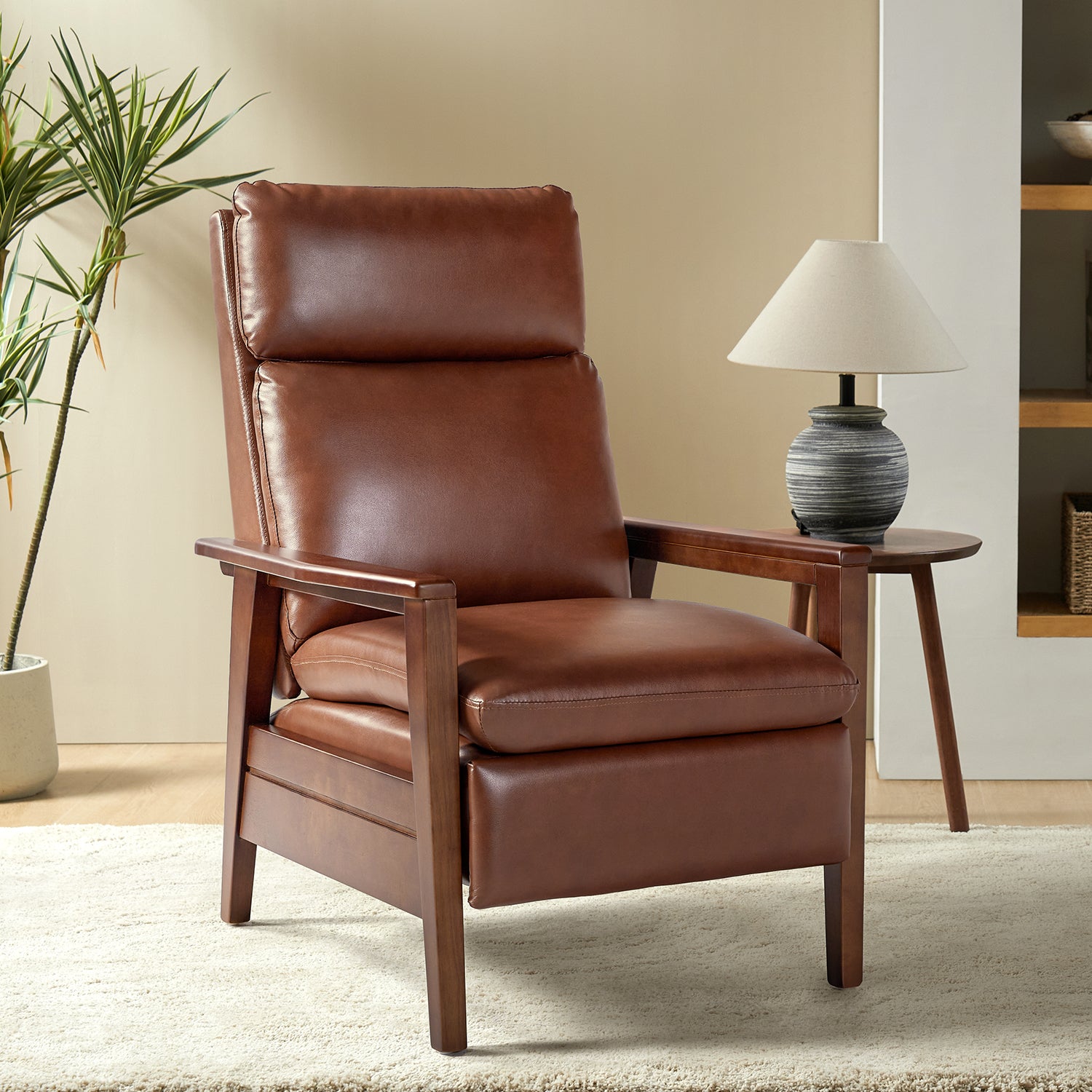 Patrick Vegan Leather Solid Wood Recliner in Brown