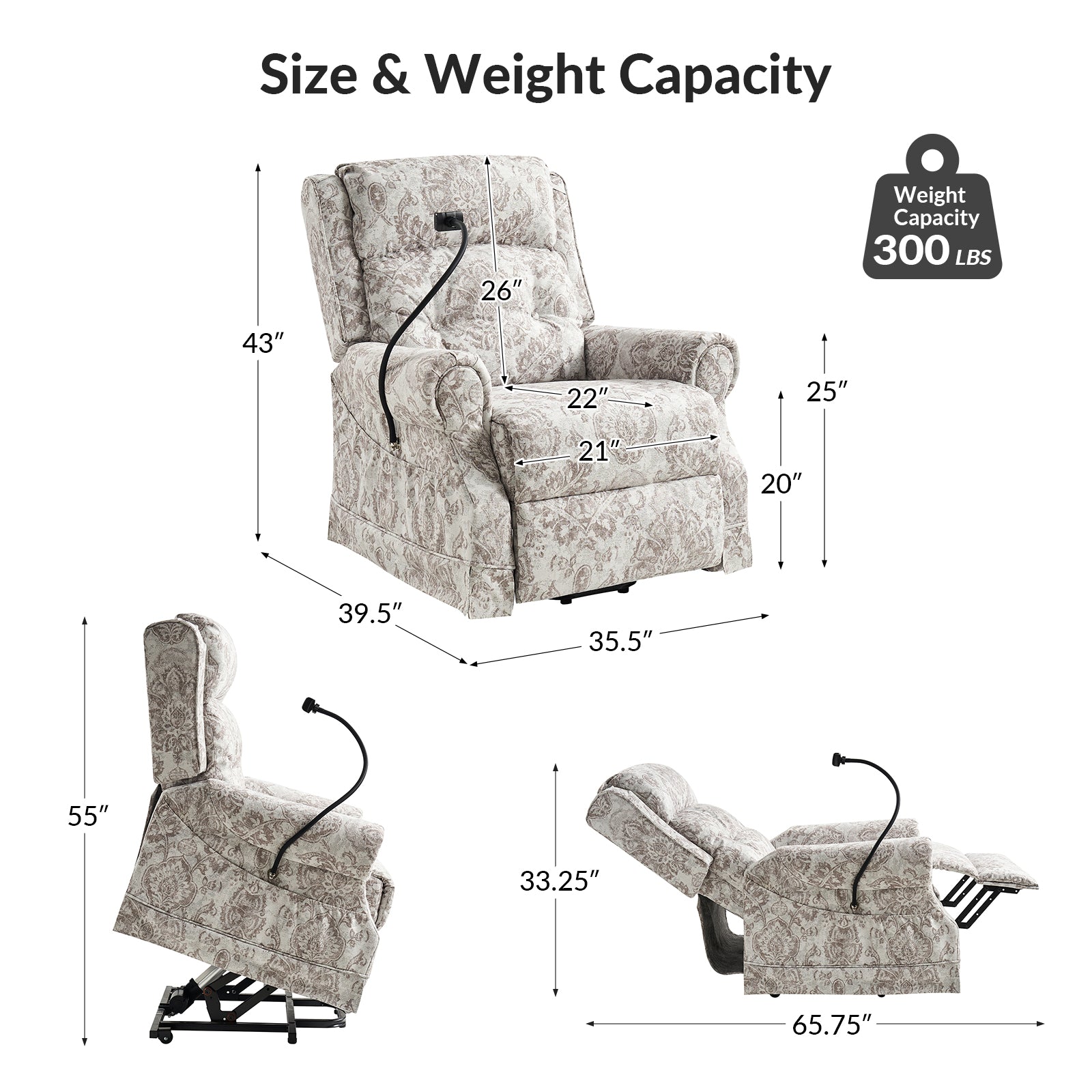 Billy Lift Assist Power Recliner in Damask