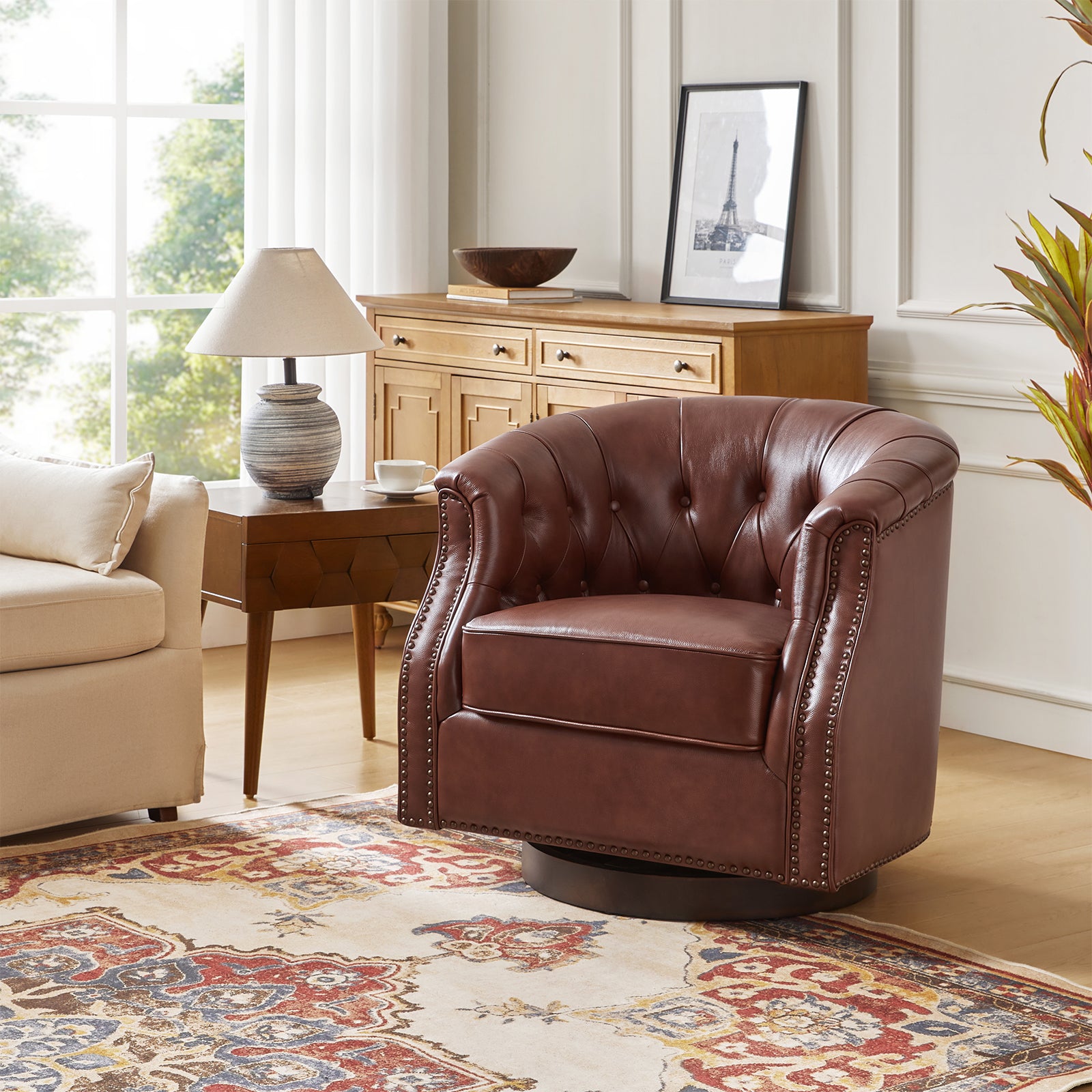 Veitin Chesterfield Rocker and Swivel Genuine Leather Chair in Brown