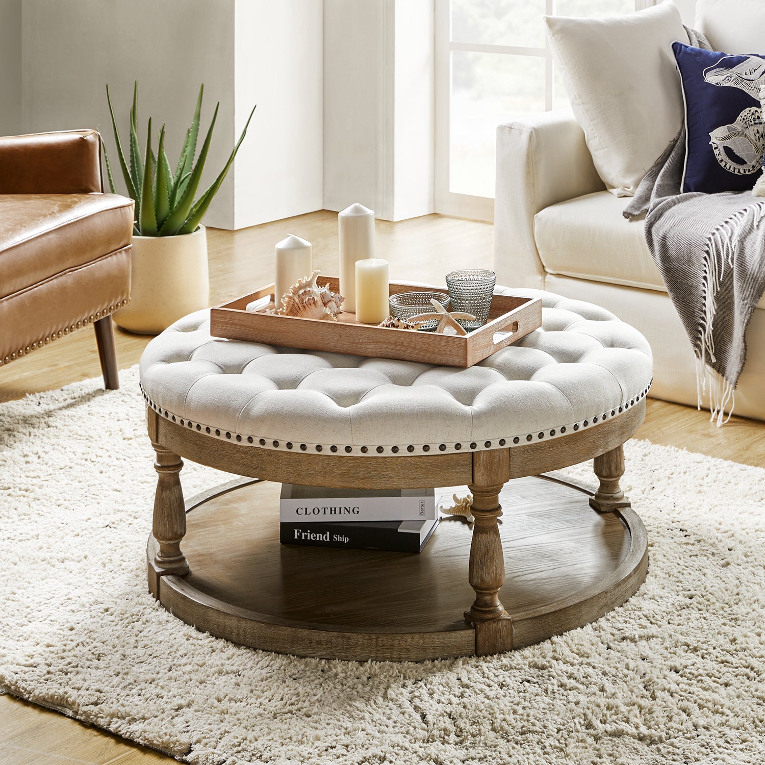 Deoius Tufted Round Cocktail Ottoman with Storage in Ivory
