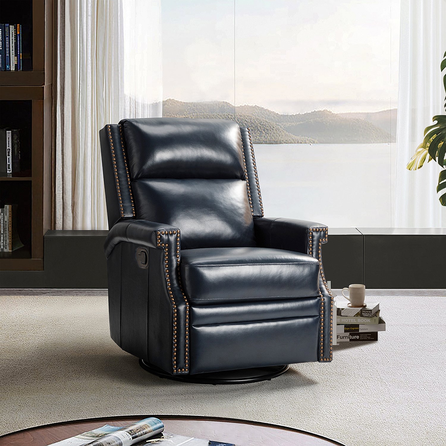Louise Genuine Leather Swivel Rocker Recliner in Navy