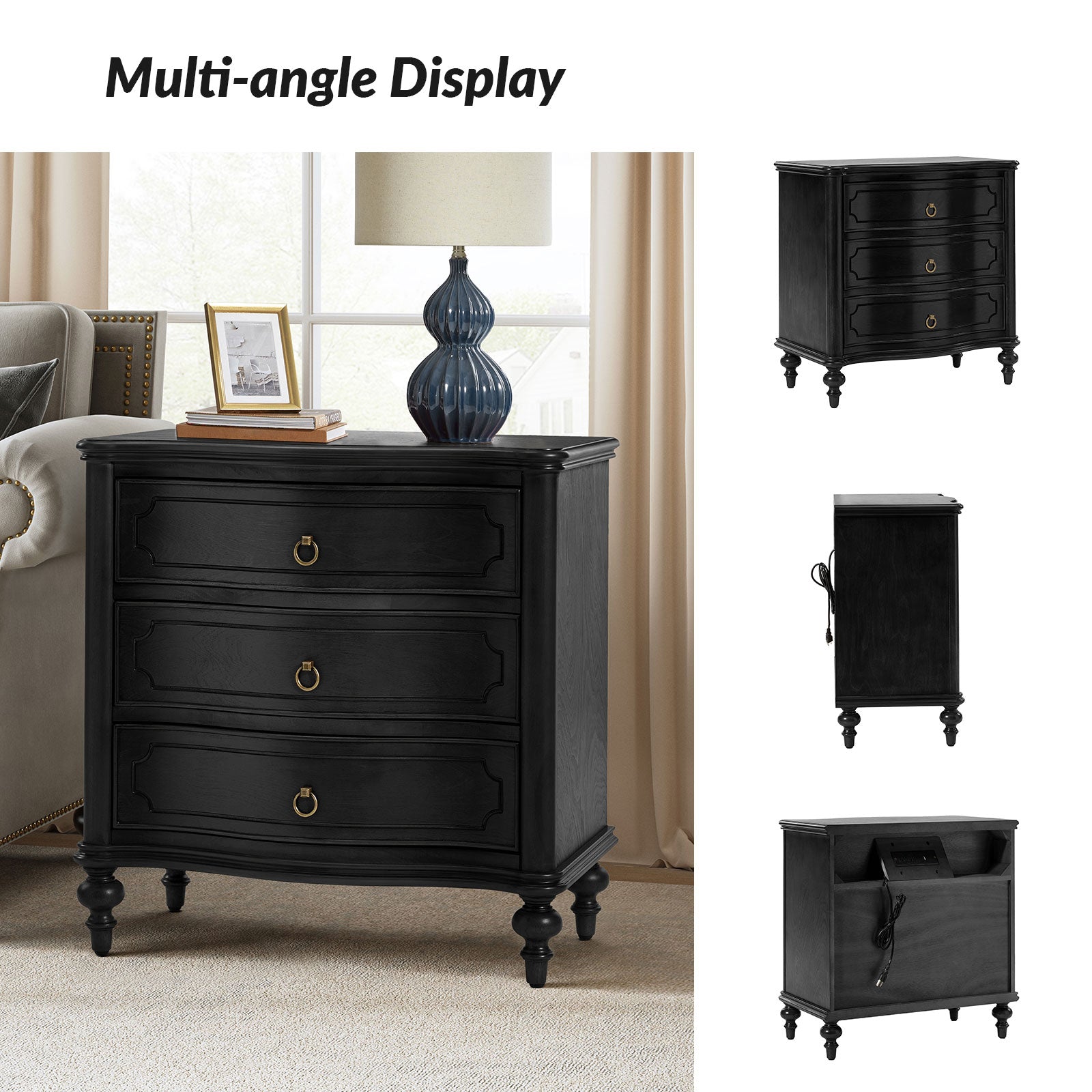 Alois 3-Drawer Nightstand in Black