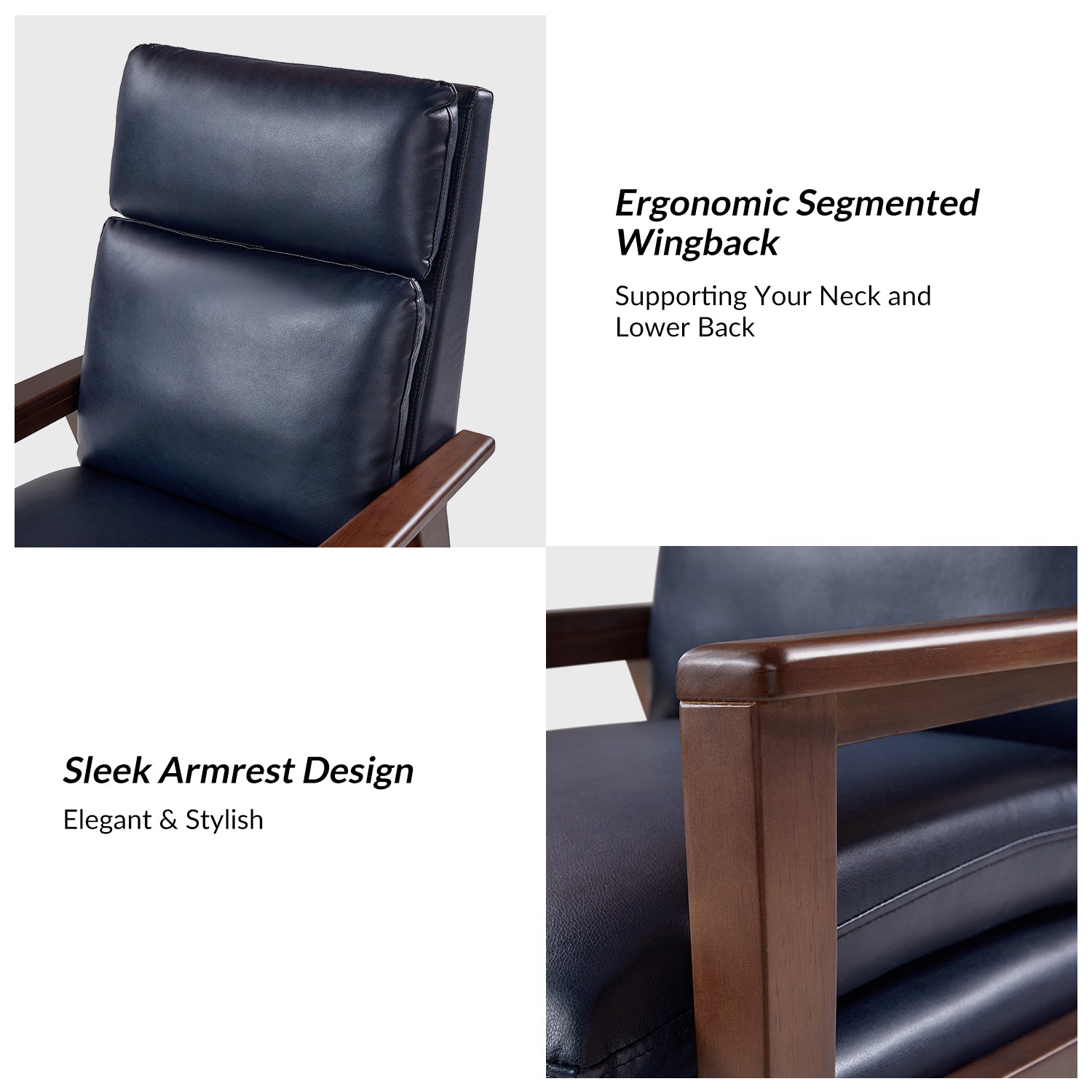 Patrick Vegan Leather Solid Wood Recliner in Navy