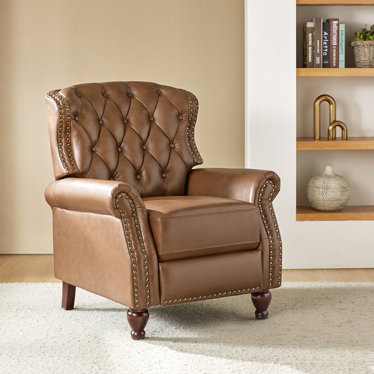 Abraham Genuine Leather Recliner in Camel