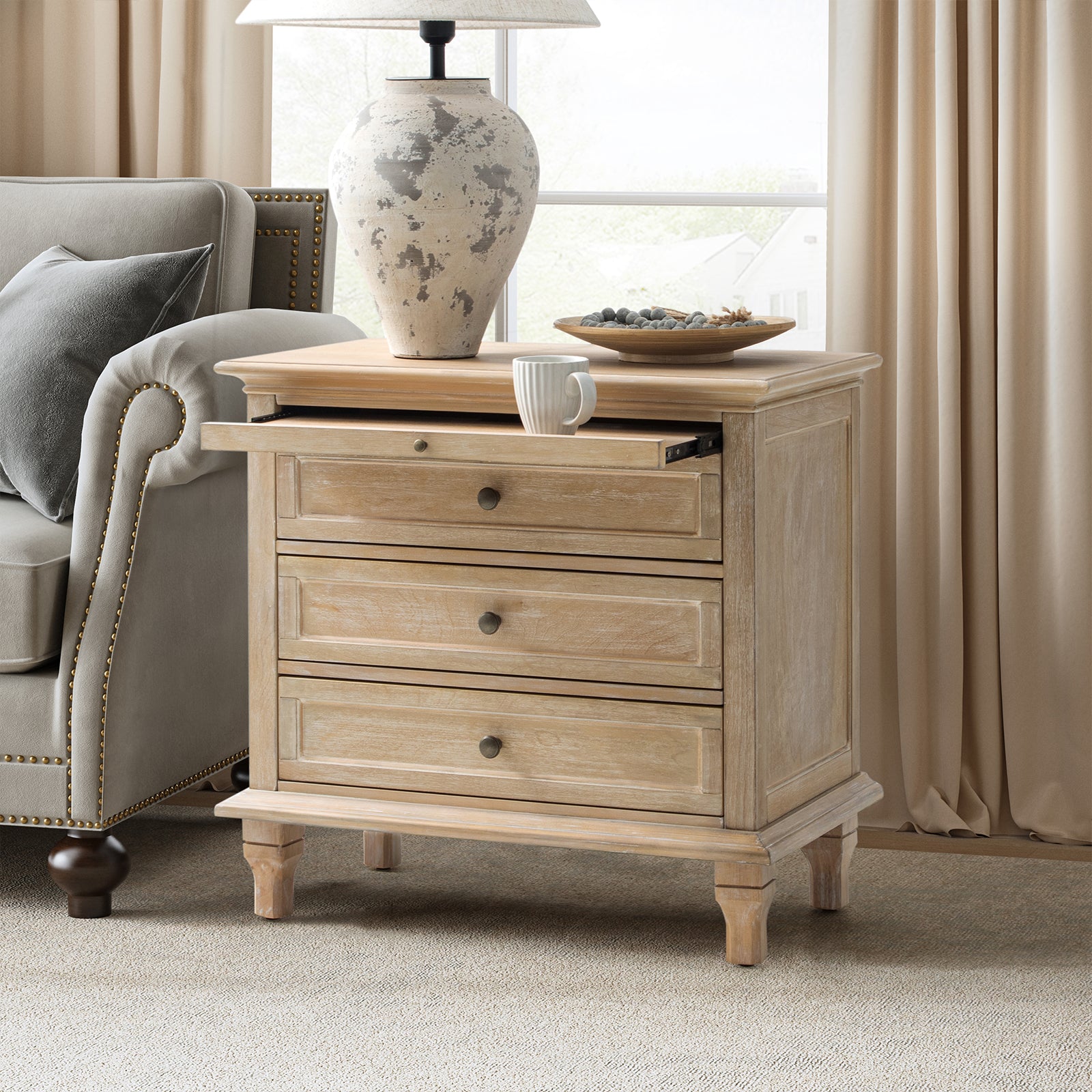 Dominic 3 - Drawer Nightstand with  Built-In Outlets-NATURAL in Natural