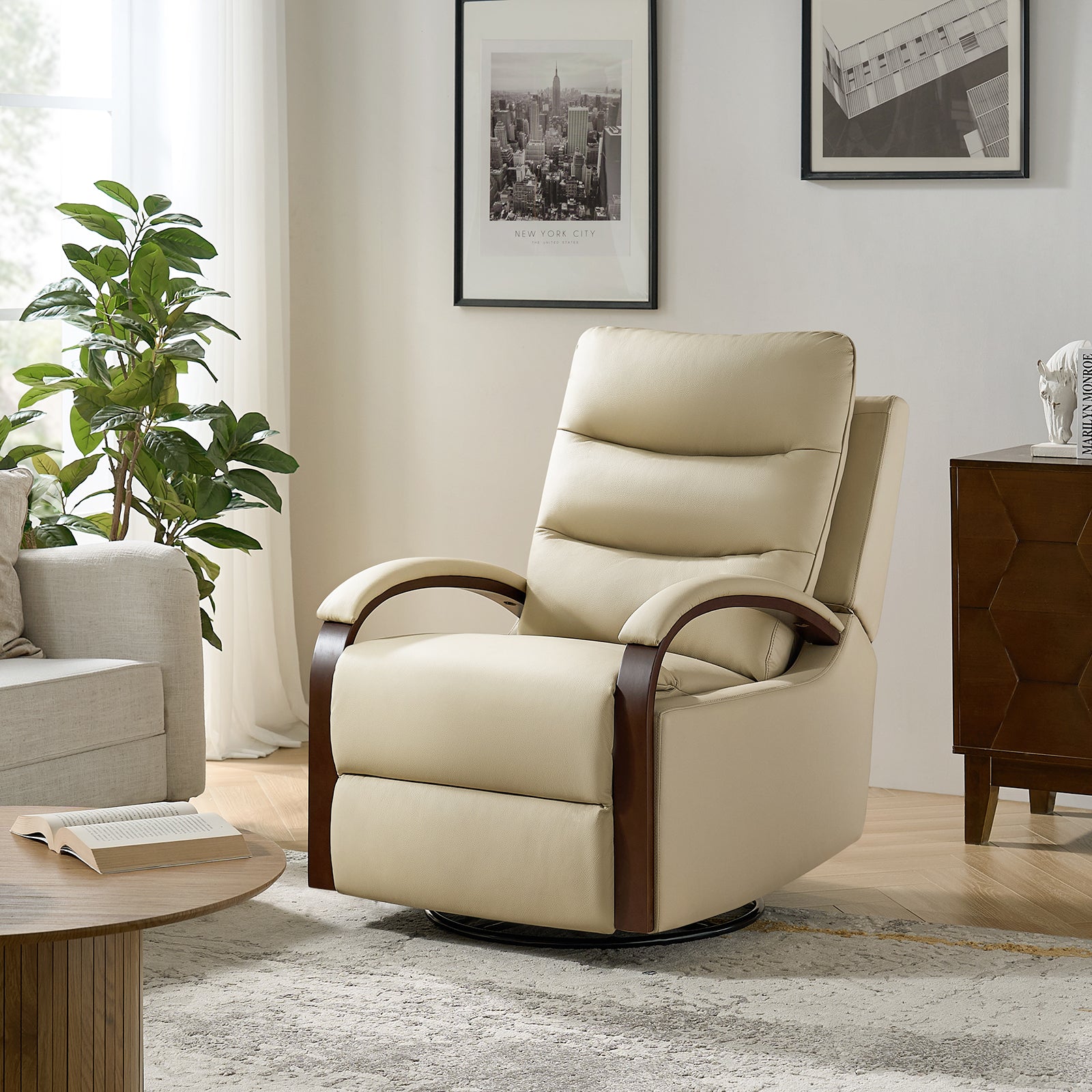 Konradin Genuine Leather Swivel Rocking Manual Recliner in Beige
