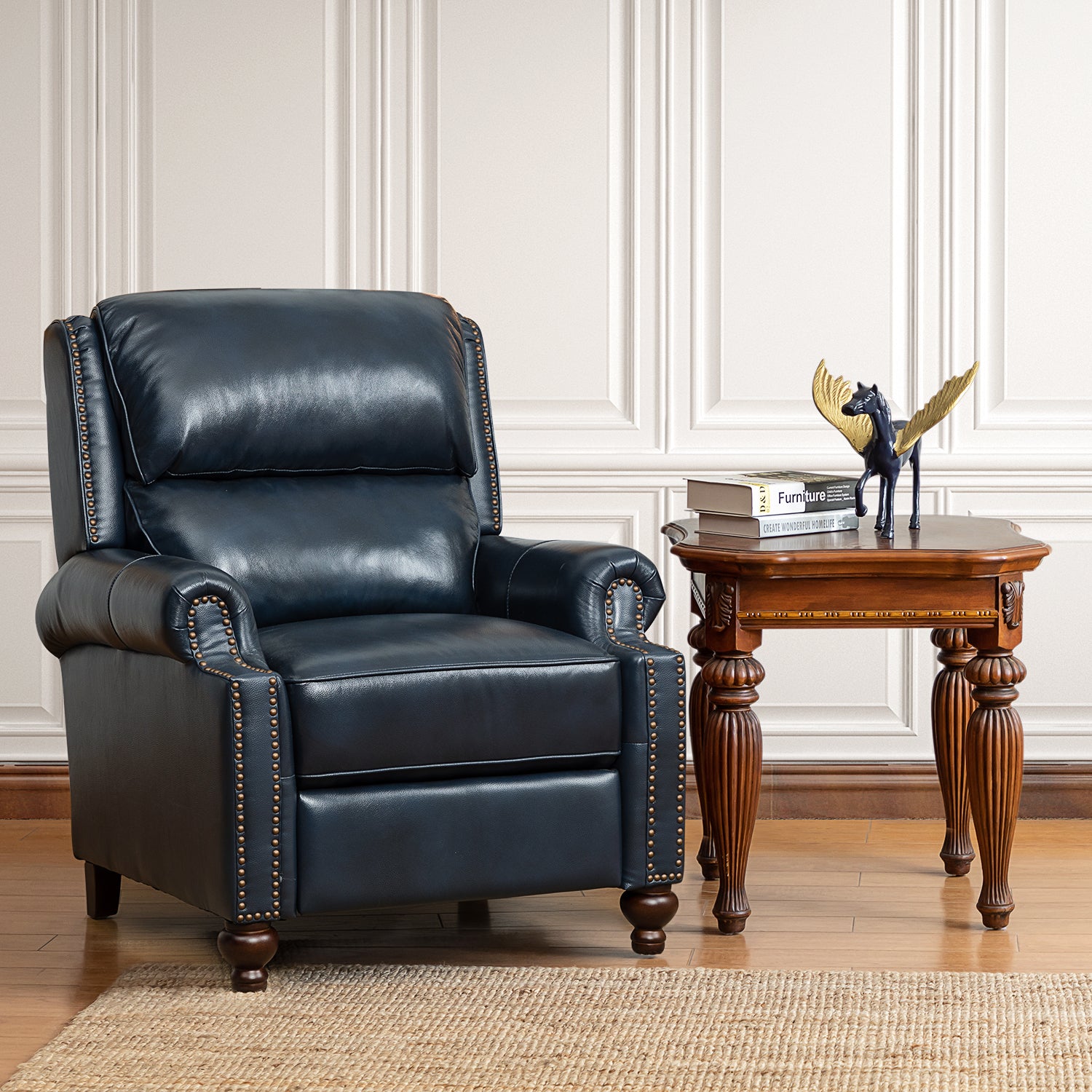 Franco Genuine Leather Recliner in Navy