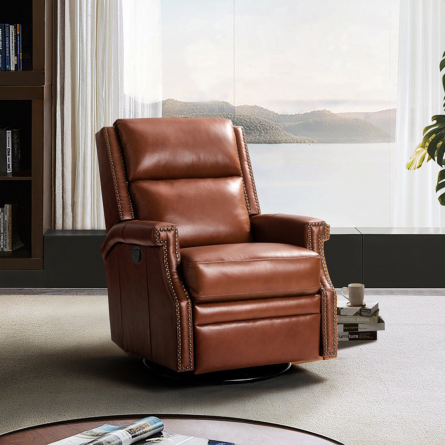 Louise Genuine Leather Swivel Rocker Recliner in Brown