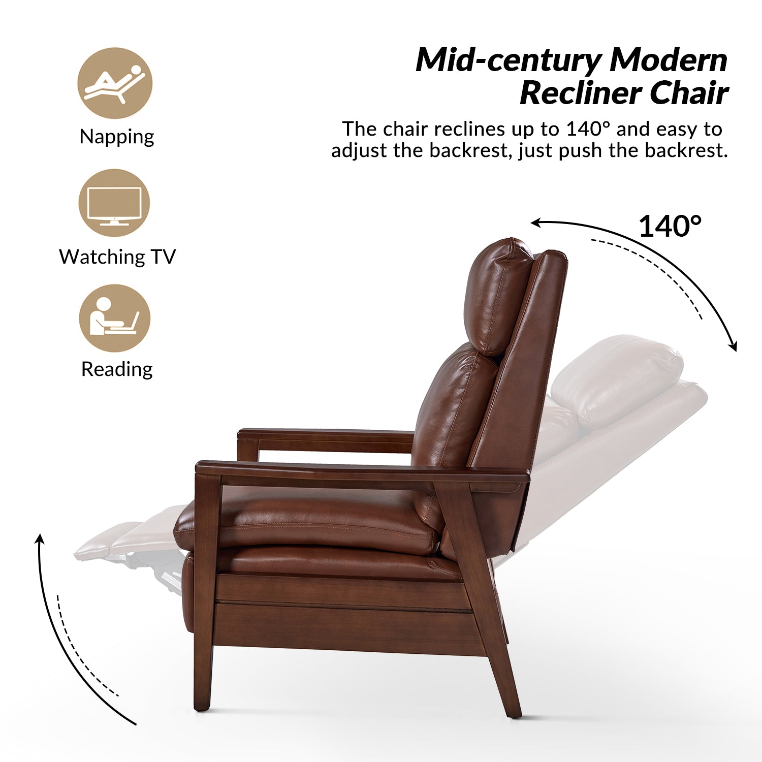 Patrick Vegan Leather Solid Wood Recliner in Brown