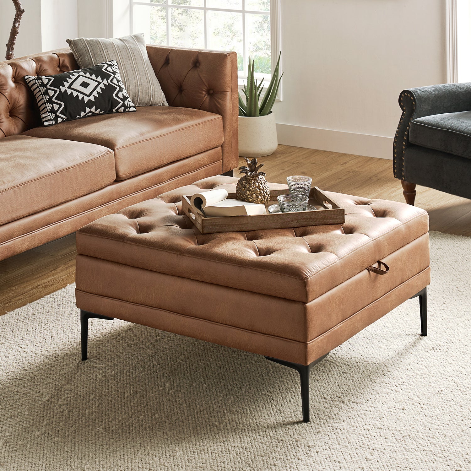 Irvin Lift Top Shelved Storage Cocktail Ottoman in Camel