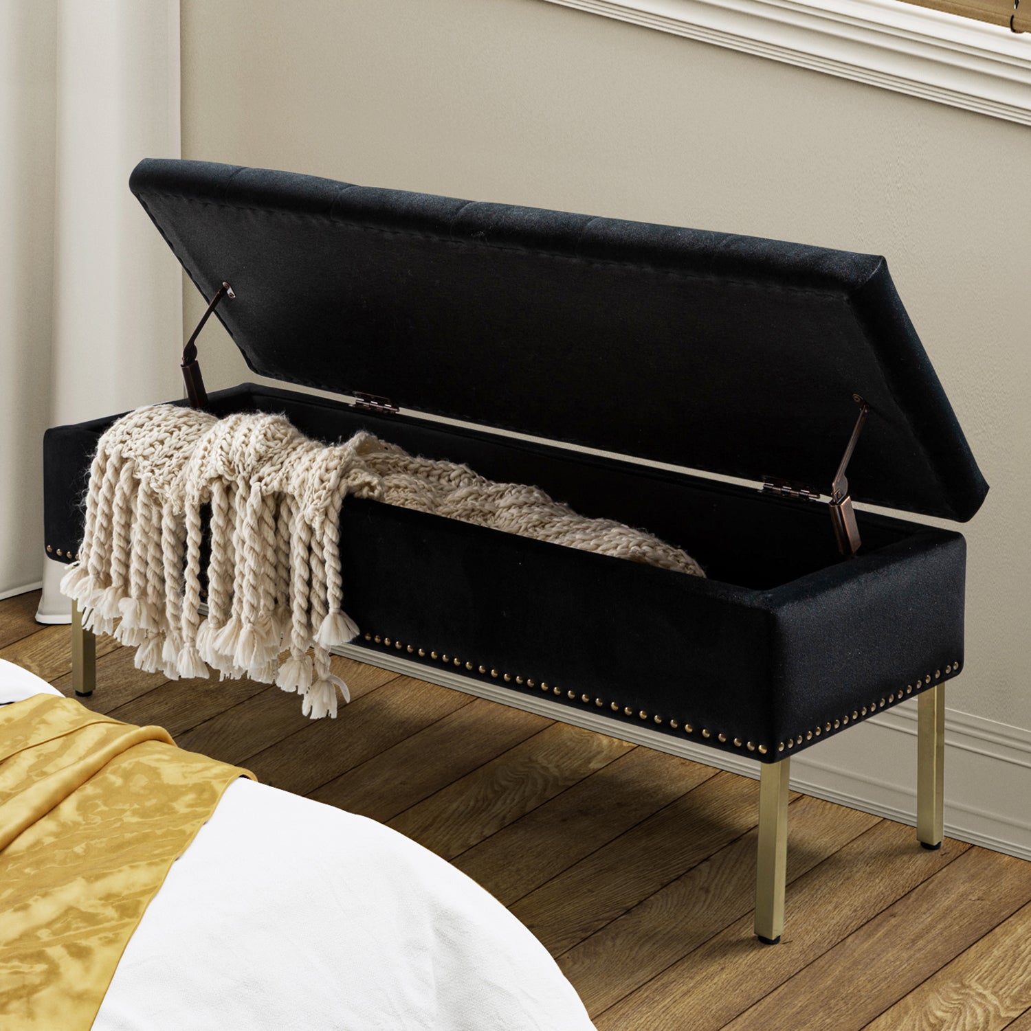 Fabio Upholstered Flip Top Storage Bench in Black