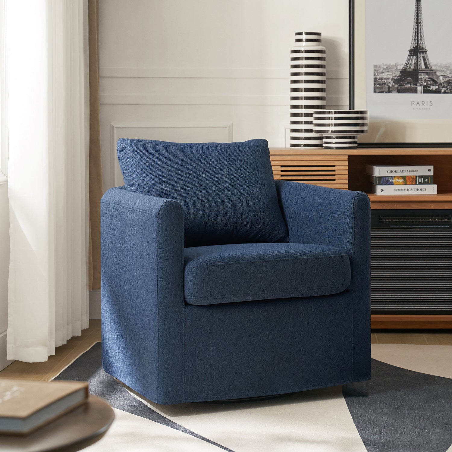 Asser Slipcovered Swivel Chair in Navy