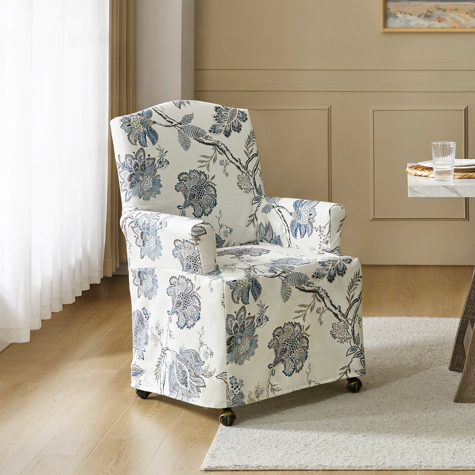 Kanrad Slipcover Dining Chair with Casters in Jeacobean