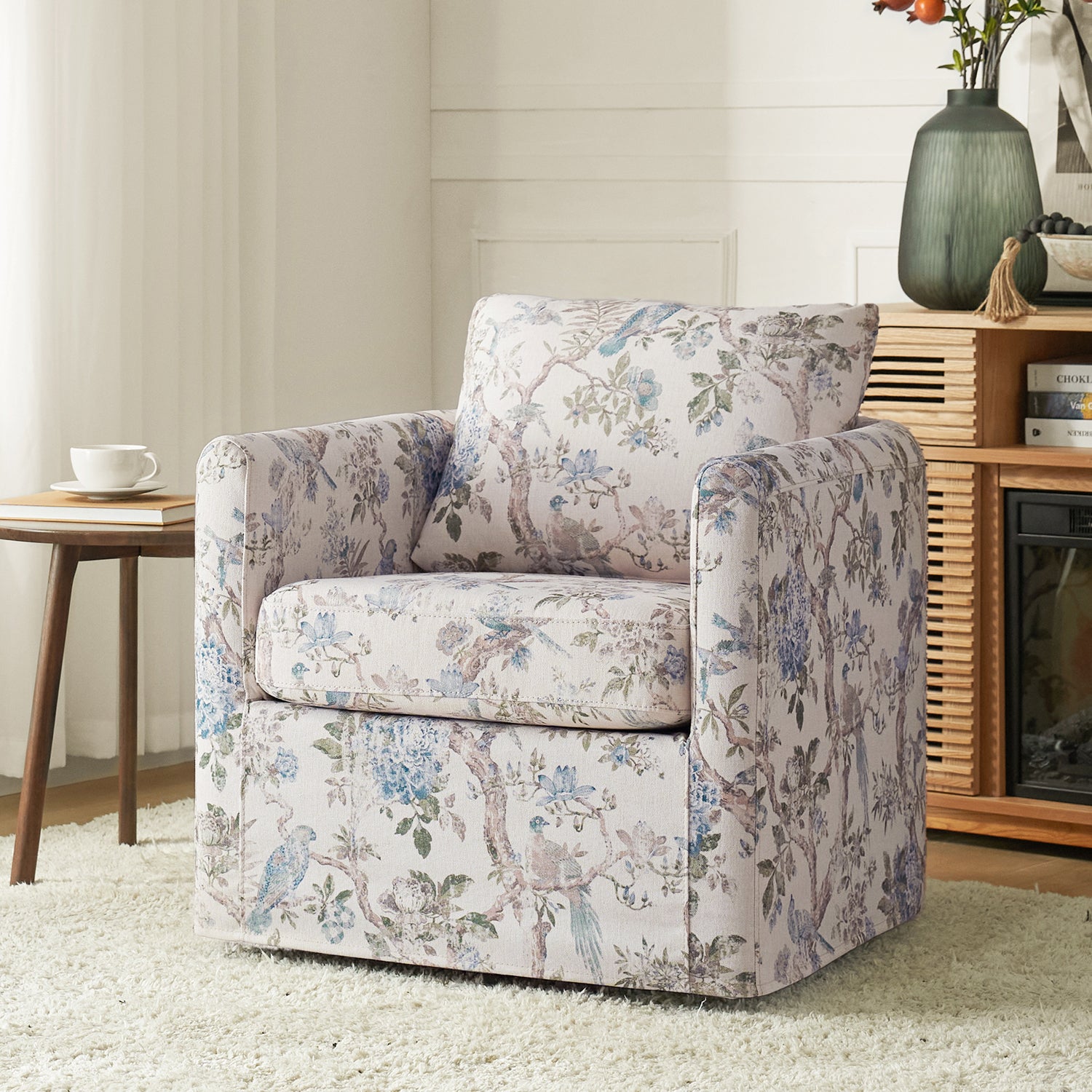 Armando Slipcovered Swivel Chair in Bird