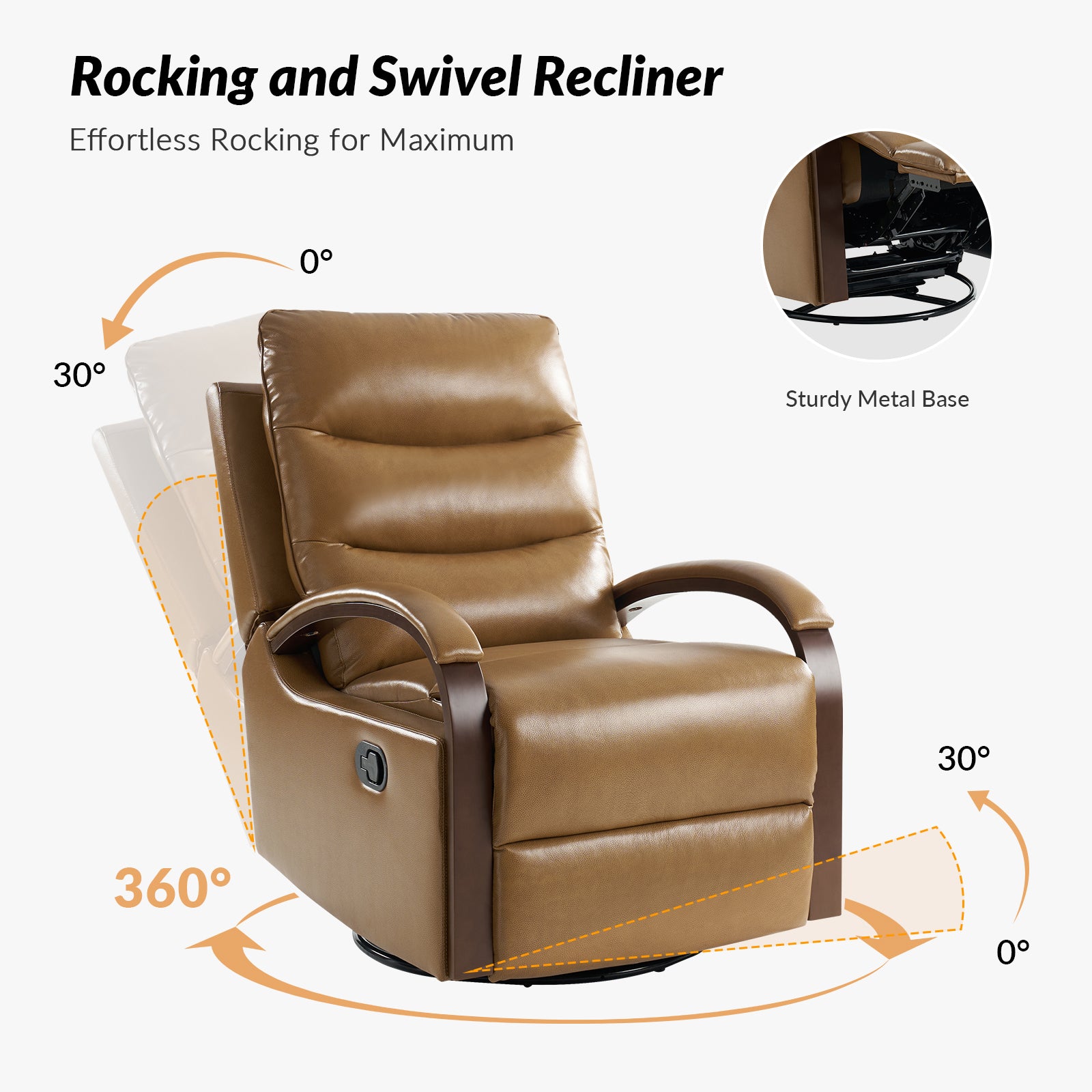 Konradin Genuine Leather Swivel Rocking Manual Recliner in Camel