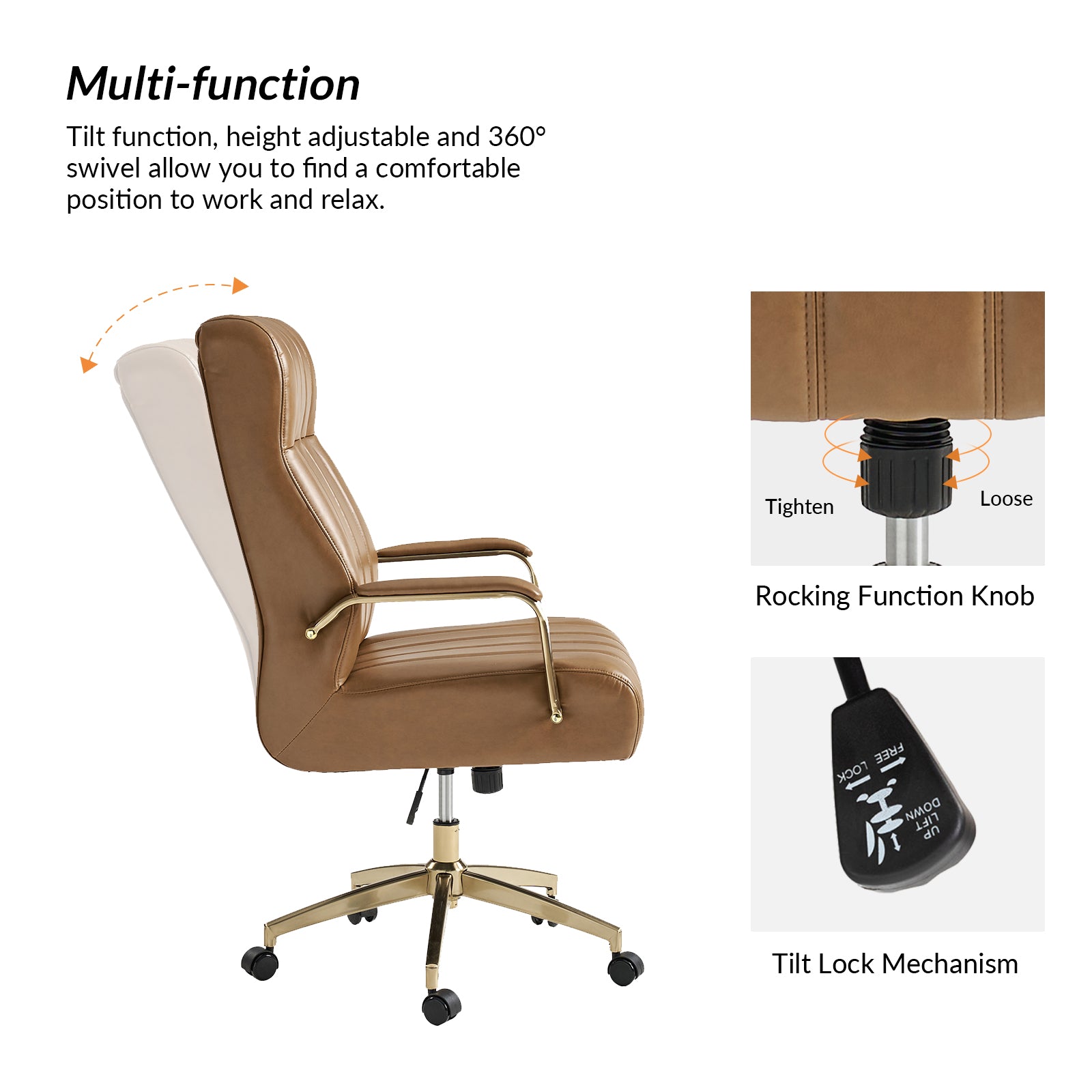 Conan Leather Ergonomic Executive Office Chair in Camel