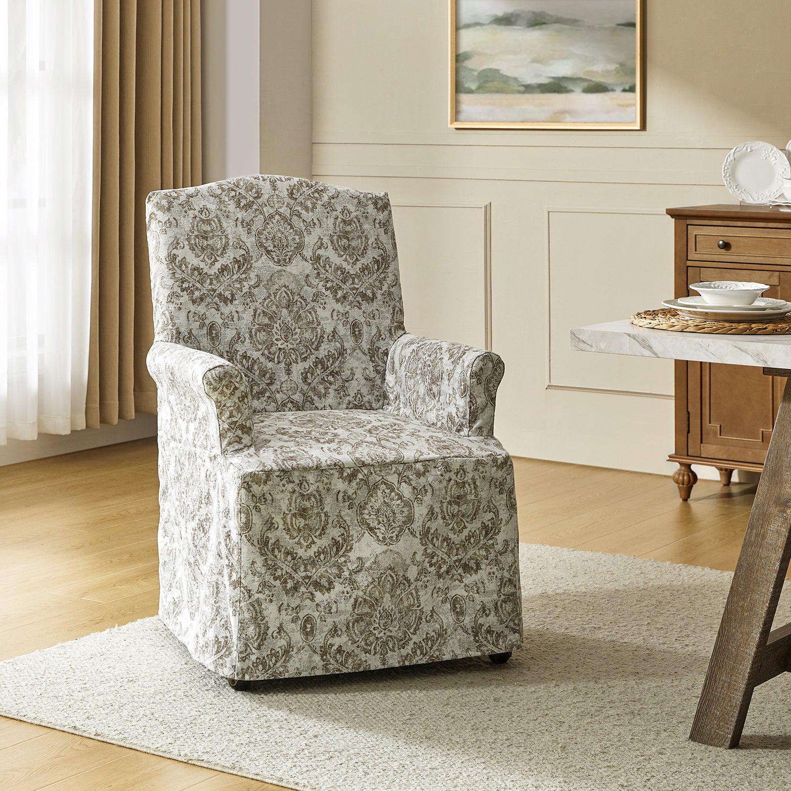 Kanrad Slipcover Dining Chair with Casters in Beige