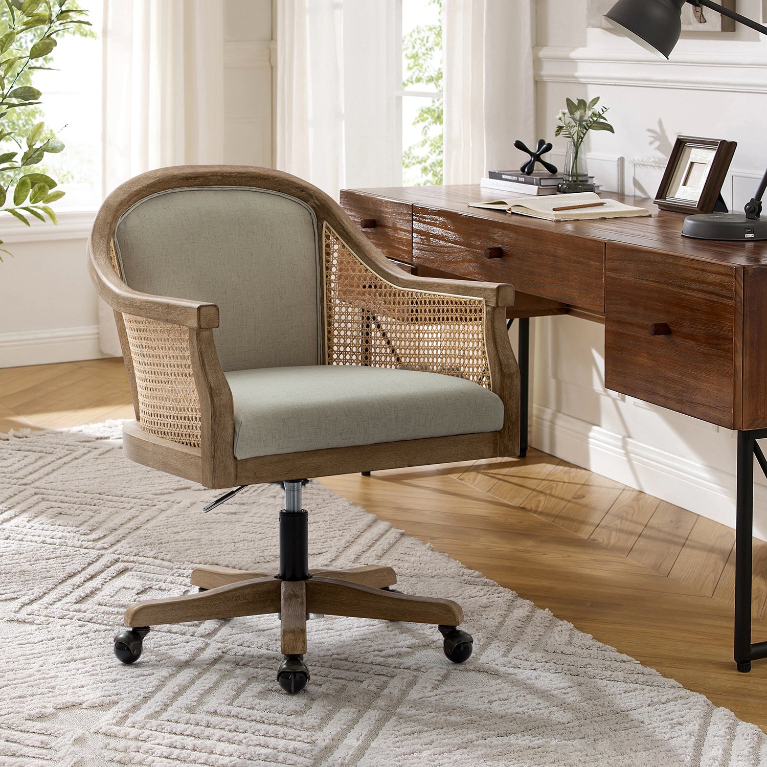 Xaver Task Chair with Rattan Arms in Linen