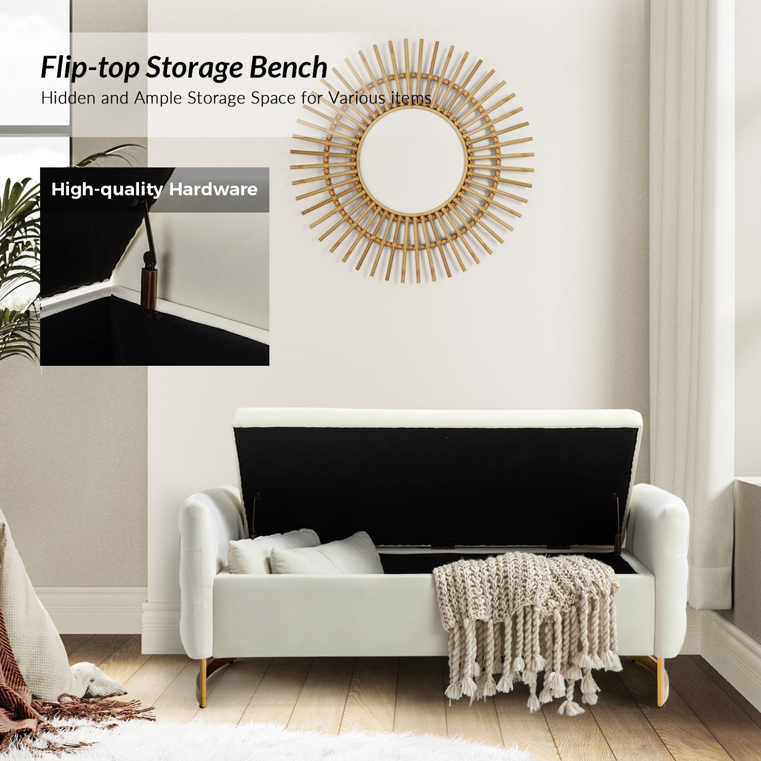 Christoph Upholstered Flip Top Storage Bench in Ivory