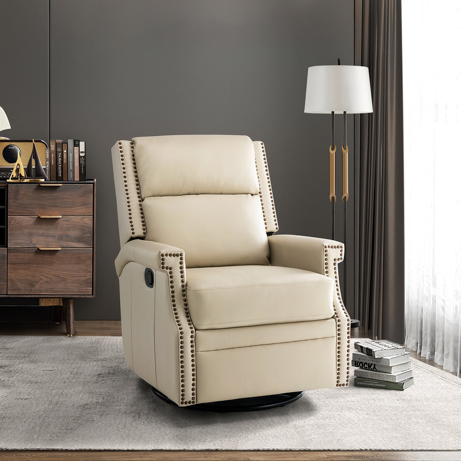 Louise Genuine Leather Swivel Rocker Recliner in Beige