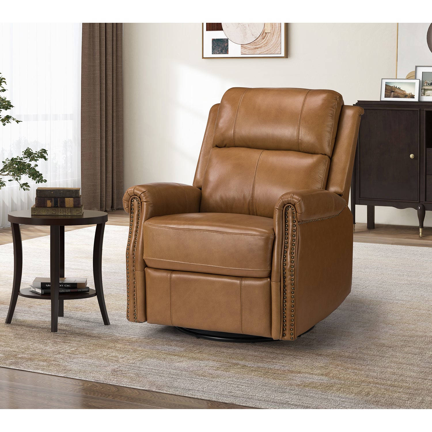 Kaietan Genuine Leather Power Rocking Recliner in Camel