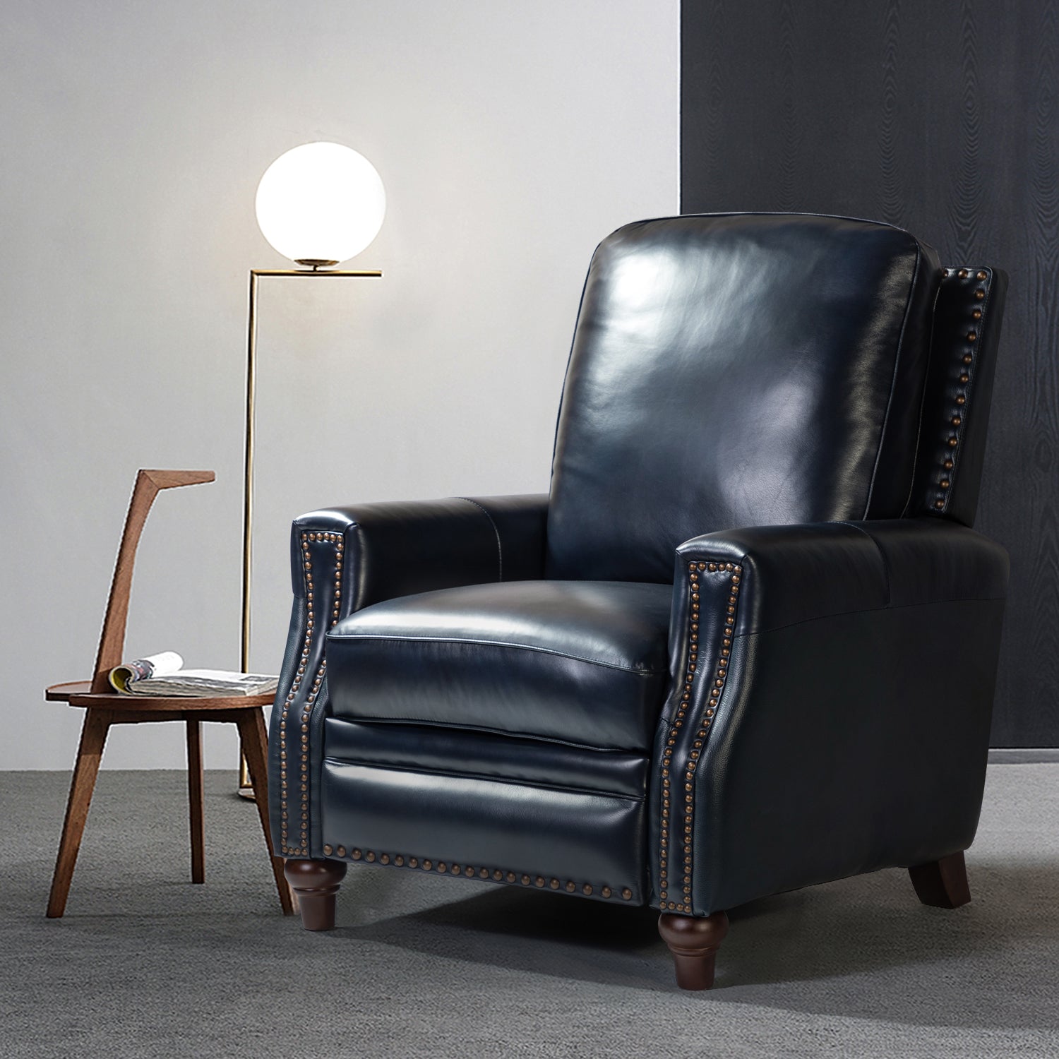 Amil Genuine Leather Recliner in Navy