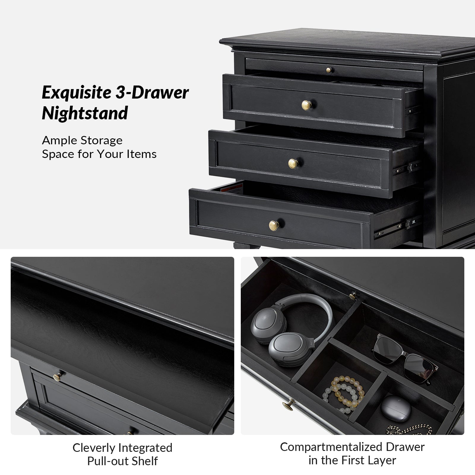 Dominic 3 - Drawer Nightstand with  Built-In Outlets-BLACK in Black