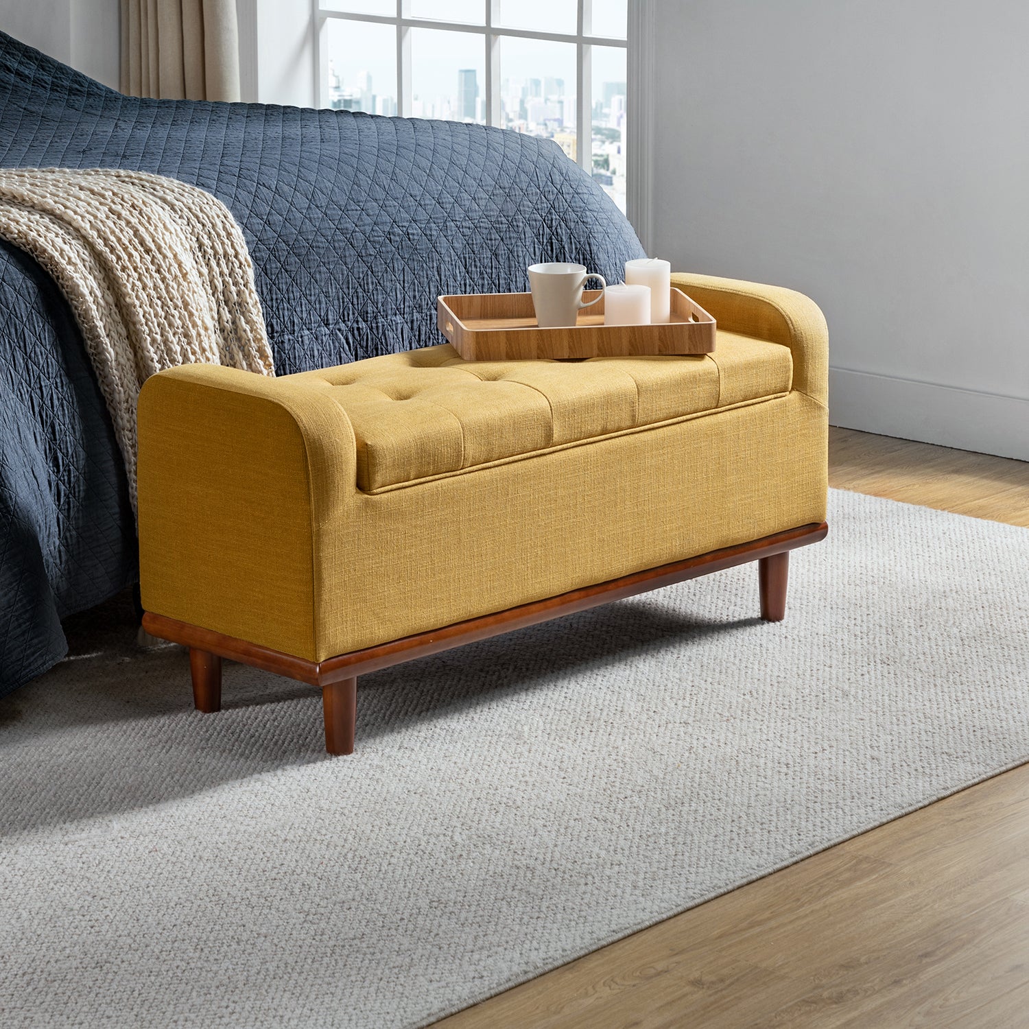 Jason Upholstered Flip Top Storage Bench in Mustard