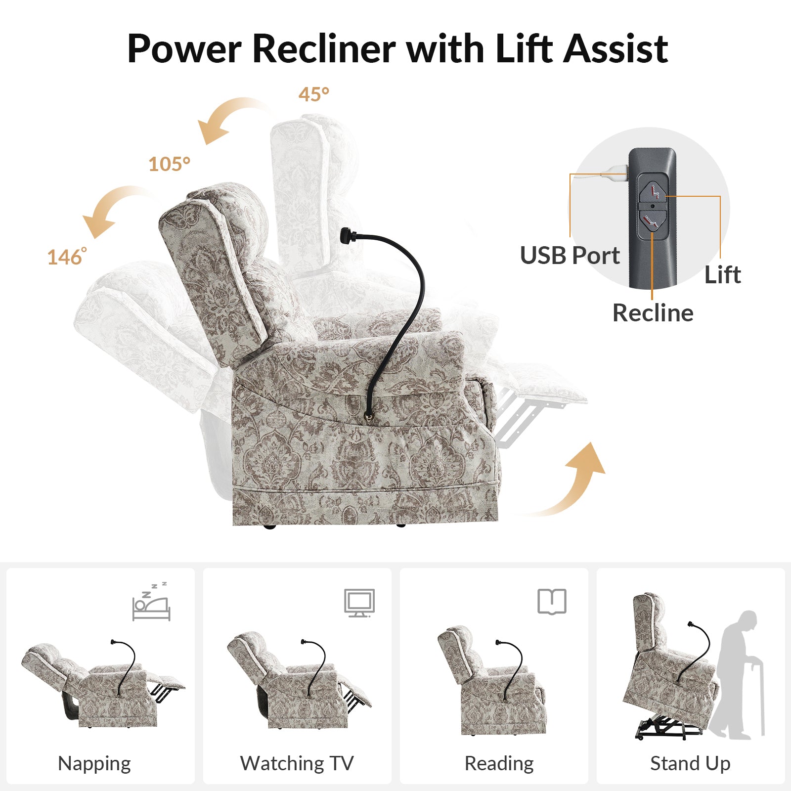 Billy Lift Assist Power Recliner in Damask