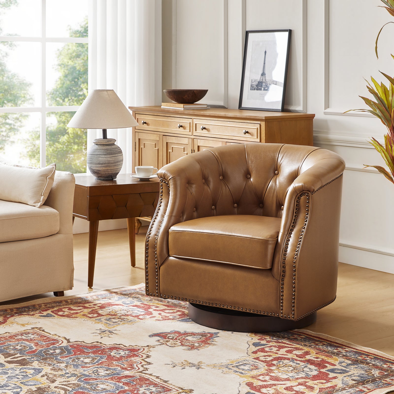 Veitin Chesterfield Rocker and Swivel Genuine Leather Chair in Camel